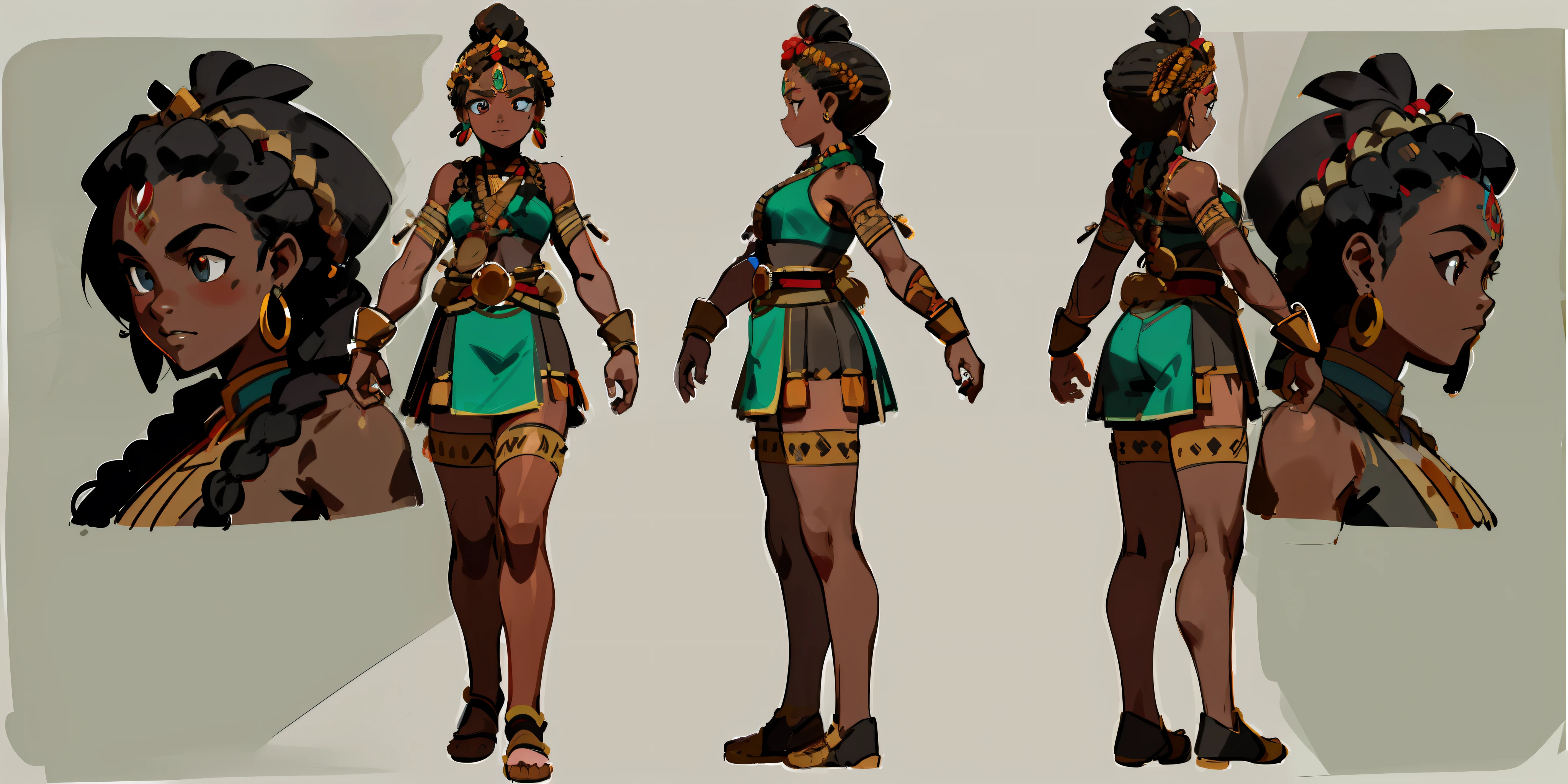 character sheet, young African warrior princess, athletic build, expressive eyes, intricate braids, traditional attire, warrior markings, rich cultural heritage, mythology, royal regalia, symbols of lineage, strength, vibrant culture, , 2d concept art, painted as a game concept art