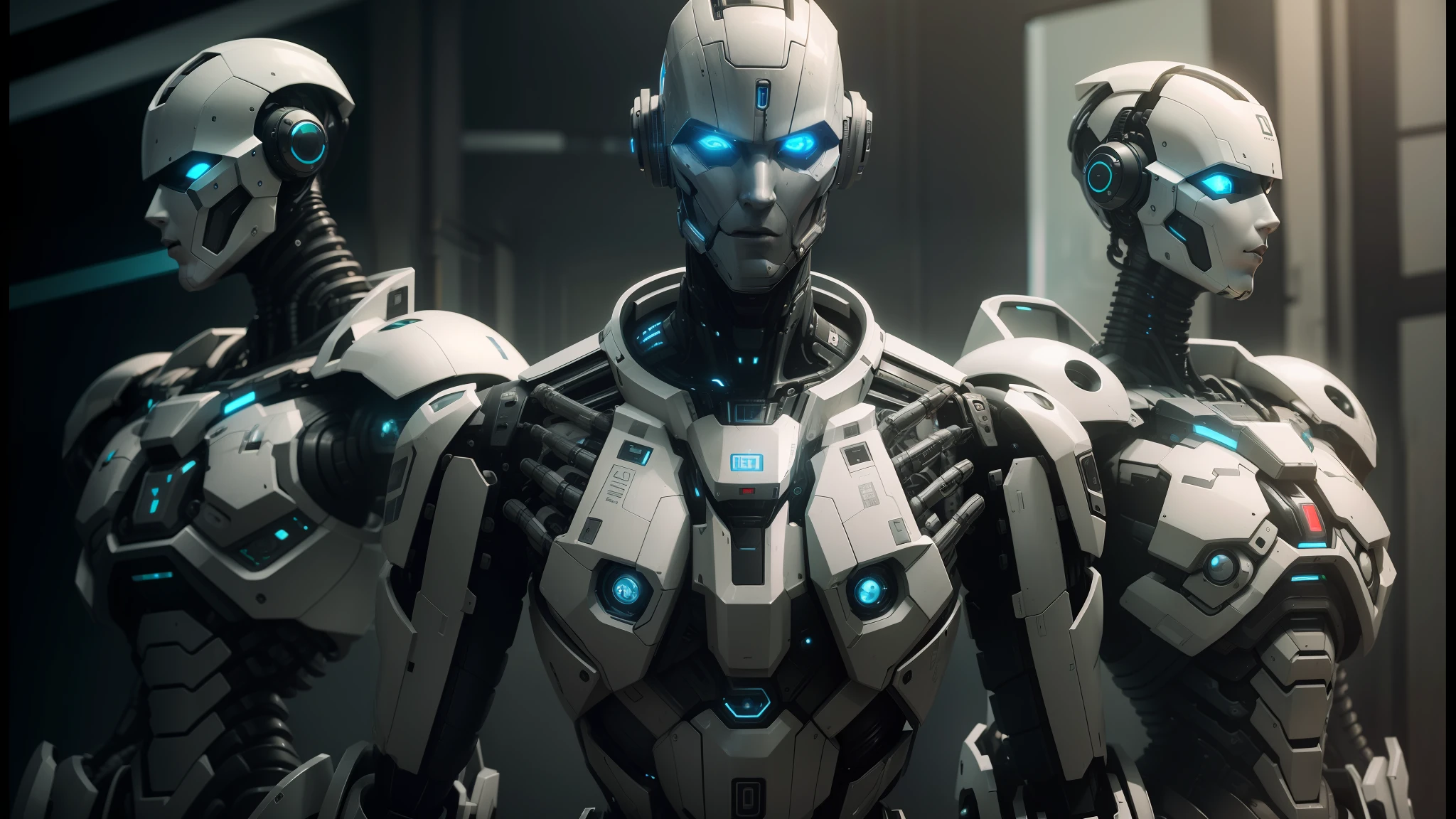 there are three robots standing next to each other in a room, machines and futurist robots, robot cyborgs, bionic cyborg implants, the coming ai singularity, clothed in cyber armour, artificial intelligence gods, industrial robots, futuristic robotics, humanoid robots, cybernetic and highly detailed, cybernetic implants, cybernetic civilisations, mechanoid --auto --s2