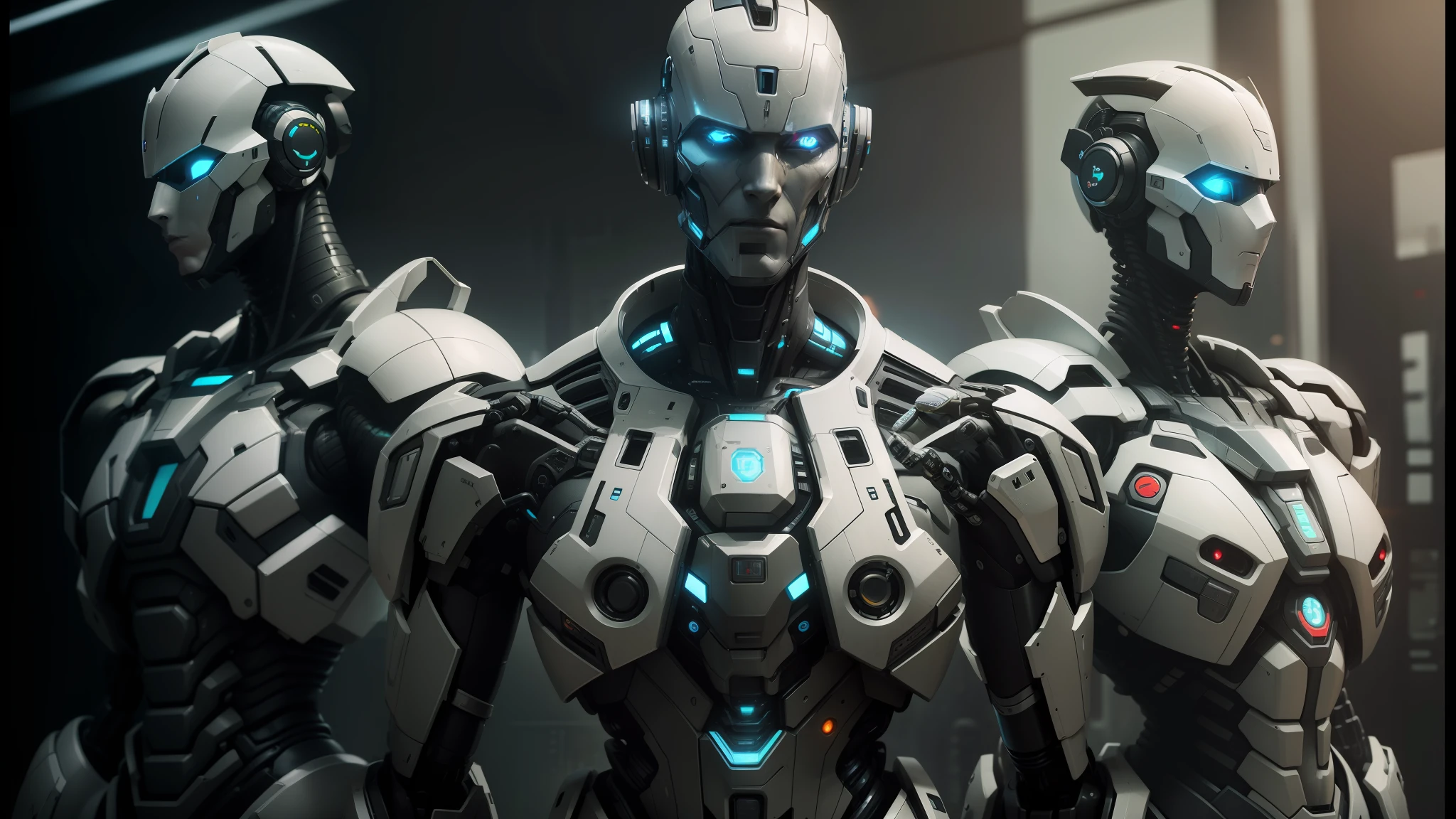 there are three robots standing next to each other in a room, machines and futurist robots, robot cyborgs, bionic cyborg implants, the coming ai singularity, clothed in cyber armour, artificial intelligence gods, industrial robots, futuristic robotics, humanoid robots, cybernetic and highly detailed, cybernetic implants, cybernetic civilisations, mechanoid --auto --s2
