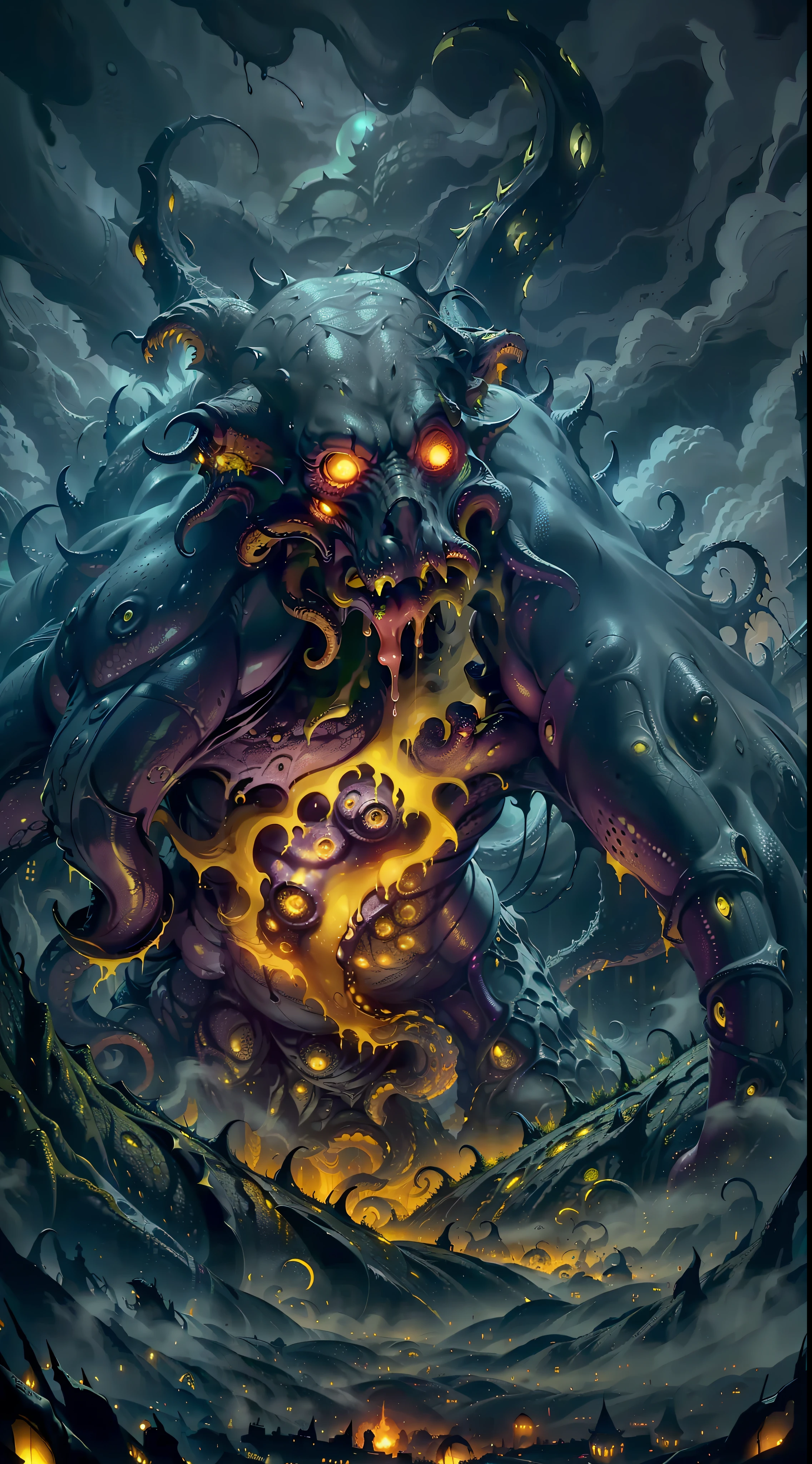yellow and black, mystical monster, cosmic horror, monstrous creature, Lovecraft, with disgusting tentacles, surrounded by yellow fog, dark shadows, moss and blood, in a dark city, night
