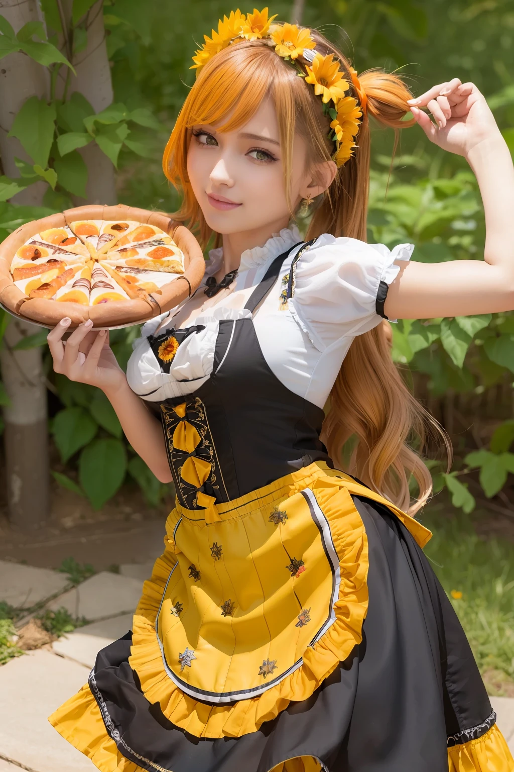 (Best Quality, 8k, photo realistic, Masterpiece:1.2, 135mm lens, super fine :1.2, caustics:1,2, back light, a beautiful girl, Highly Detailed face Textures, detailed beauty makeup, realistic skin, double eyelids, detailed bangs)), (((dirndl costume:1.2))),(sunflower headdress), (flower garden background), (chuckle), (brilliant shiny yellow and orange two-tone  twin-tail hair), (ahoge), holding pizza, cowboy shot, wind, looking at viewer