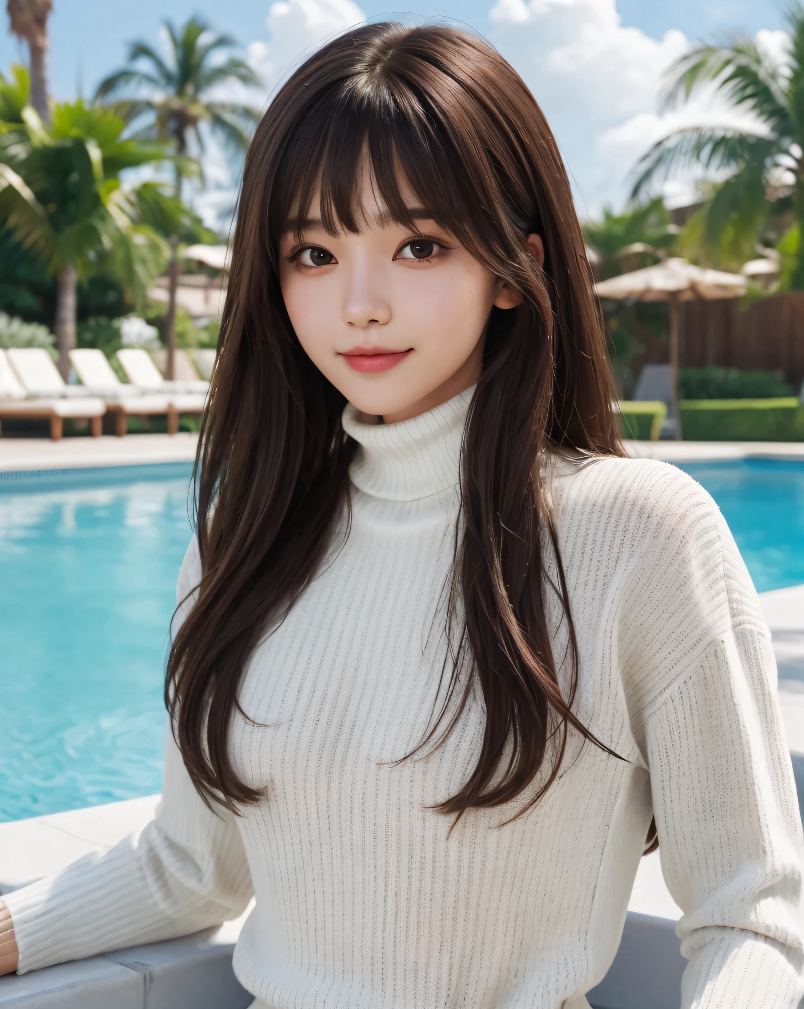 pureerosface_v1, best quality, real person, 8k, high resolution, 1 girl, woman, (skin dents), (portrait: 0.6), gorgeous, dynamic pose, ((poolside background: 1.6)), coconut tree, ((medium round bust, exposed, white turtleneck V-shaped sweater: 1.4)), looking directly at the audience: 1.8, (1 girl looking at the audience, long hair, brown hair, parted bangs: 1.65), (bokeh), smile: 1.2, (Shut up: 1.16)