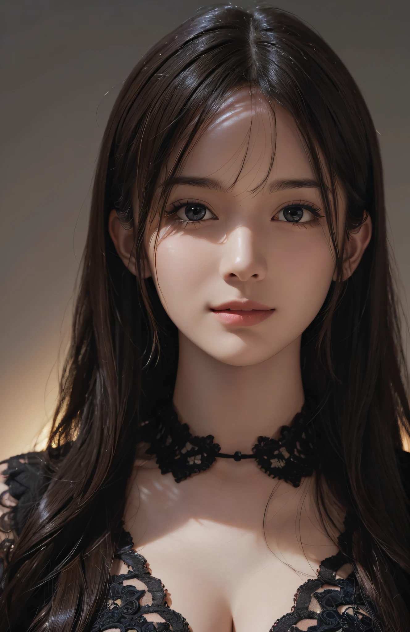 (Ultra Realistic), (Illustration), (High Resolution), (8K), (Very Detailed), (Best Illustration), (Beautiful and Detailed Eyes), (Best Quality), (Ultra Detailed), (Masterpiece), (Wallpaper), (Detailed Face), Solo, One Girl, Viewer, Fine Detail, Detailed Face, In the Dark, Deep Shadows, Low Key, pureerosfaceace_v1, Smile, Long Hair, Black shawl straight hair, 46-point diagonal bangs, super detailed photo