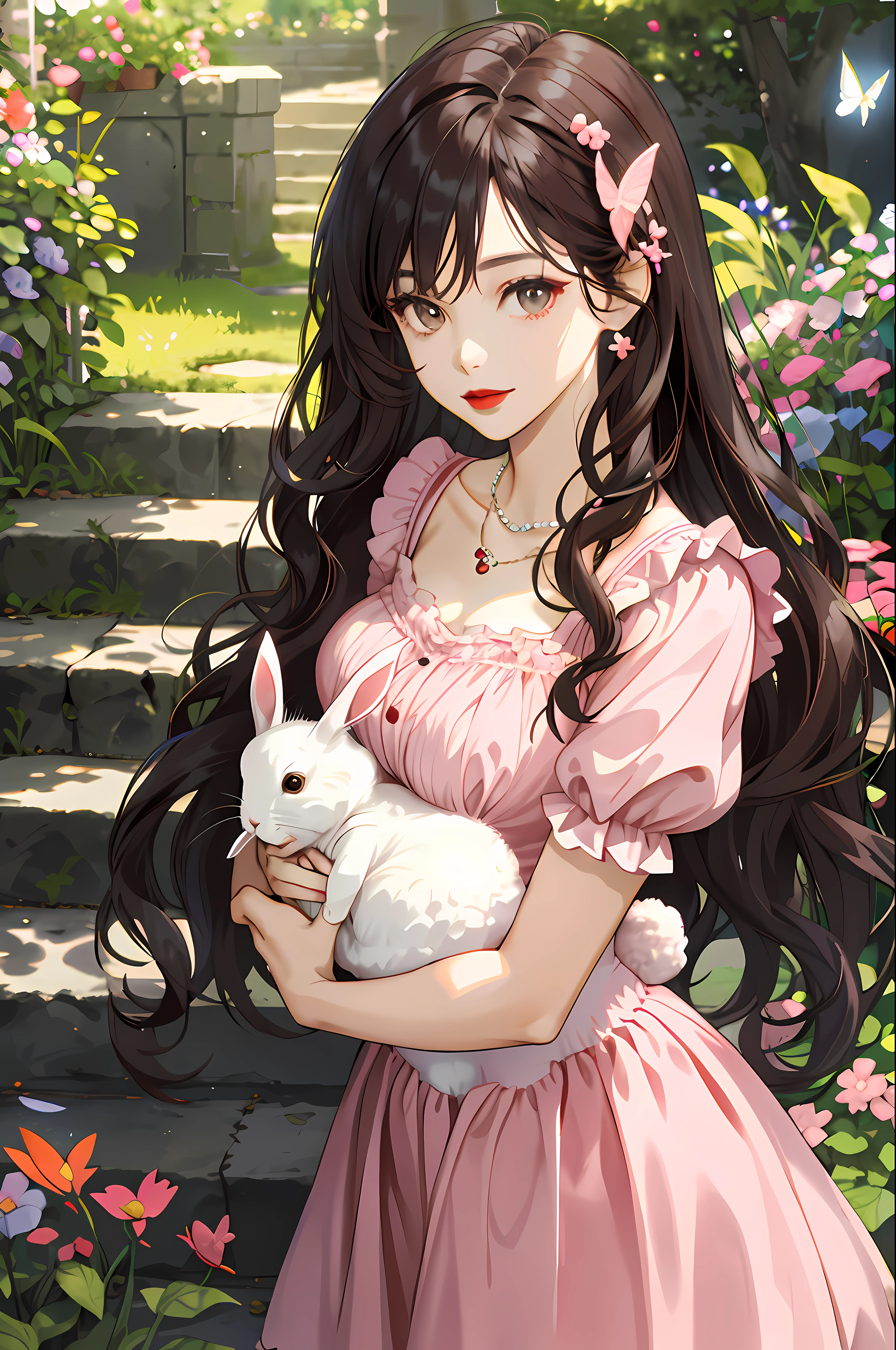 solo, garden, castle steps, depth of field, sweet girl, ((holding rabbit)), wavy black long hair, bangs, dark brown eyes, red lips, light pink skirt, butterfly hairpin, pearl necklace, large_breast
