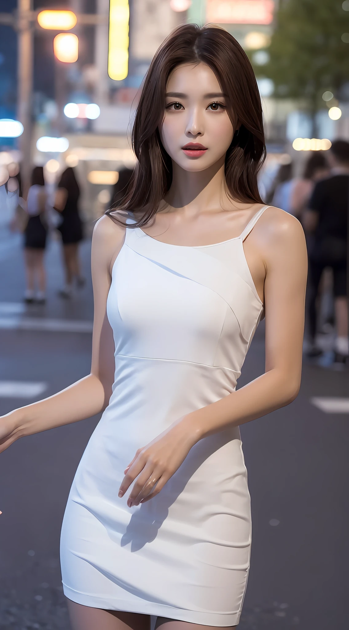 ((Realistic lighting, Best quality, 8K, Masterpiece: 1.3)), Clear focus: 1.2, 1girl, Perfect body beauty: 1.4, Slim abs: 1.1, ((dark brown hair)), (White dress: 1.4), (Outdoor, night: 1.1), City Street, Super Fine Face, Fine Eyes, Double Eyelids, (Over the knee black stockings: 1.5)