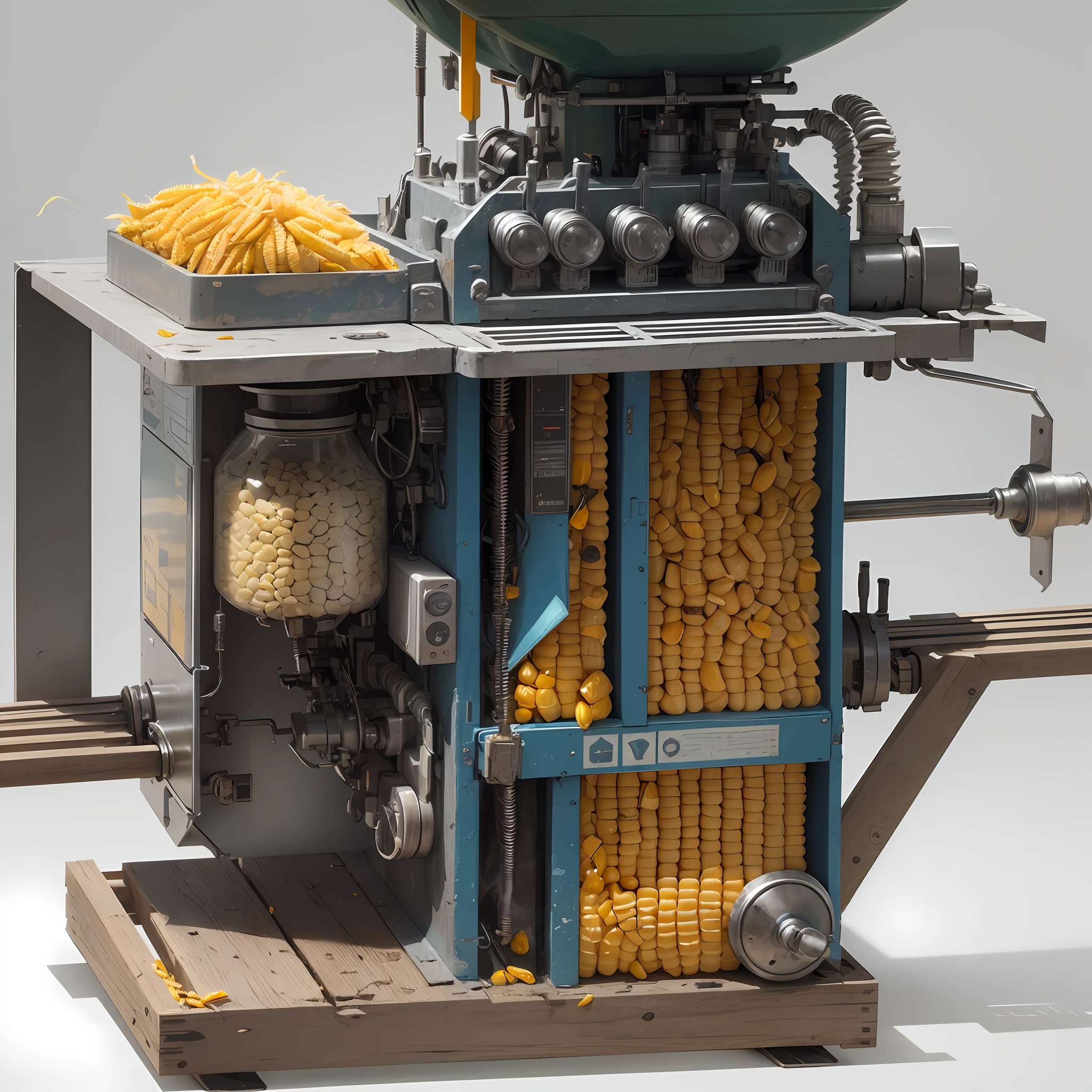 Main structure: The machine has a robust and stable rectangular structure, with approximate dimensions of 60 cm in length, 40 cm in width and 30 cm in height.

Feeding mechanism: A feeding mechanism located on the front of the machine pulls the corn into the husher, allowing the continuous flow of the corn to be processed.

Adjustable cutting blades: Inside the peeler, there are strategically positioned adjustable cutting blades. These blades are adjustable for different sizes of corn and ensure accurate shelling.

Peeling system: The peeling system is driven by an electric motor located at the rear of the machine. This motor rotates the cutting blades at an appropriate speed to remove the corn husks without damaging the grains.

Collection container: A collection container is positioned just below the cutting blades. It allows the husked corn to be directed to a separate compartment from the husks, facilitating its collection and later use.

Control interface: On the front of the machine, there is a control interface with buttons or a touch screen. These controls allow the housewife to turn on, off, and adjust the speed of the peeler as needed. --auto --s2