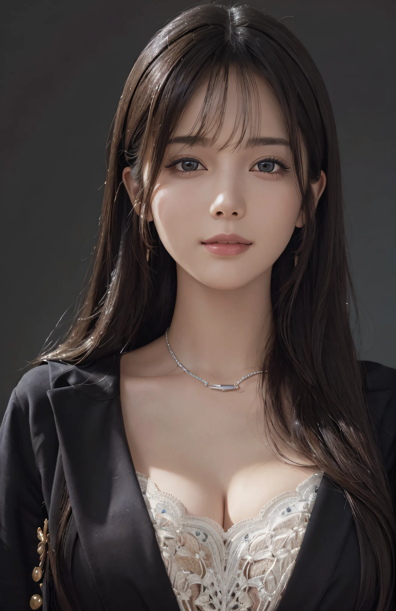 (Ultra Realistic), (Illustration), (High Resolution), (8K), (Very Detailed), (Best Illustration), (Beautiful and Detailed Eyes), (Best Quality), (Ultra Detailed), (Masterpiece), (Wallpaper), (Detailed Face), Solo, One Girl, Viewer, Fine Detail, Detailed Face, In the Dark, Deep Shadows, Low Key, pureerosfaceace_v1, Smile, Long Hair, Black shawl straight hair, 46-point diagonal bangs, super detailed photo