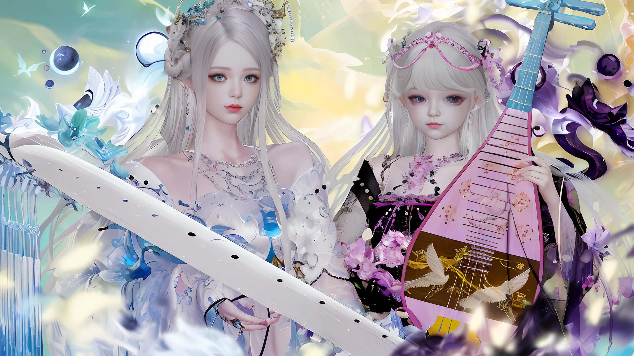 a picture inspired by Wang Duo, trending on cg society, (fantasy violin), world of lute, ethereal fantasy, queen and ruler of the universe, xianxia fantasy, guweiz masterpiece, guweiz, fantasy violin, wlop and sakimichan, Two ancient girls, white hair, rococo, motion blur, speed lines, vignetting, motion blur, UHD, retina, high details, best quality, 4K, best quality, highres, high details, high quality, 4K