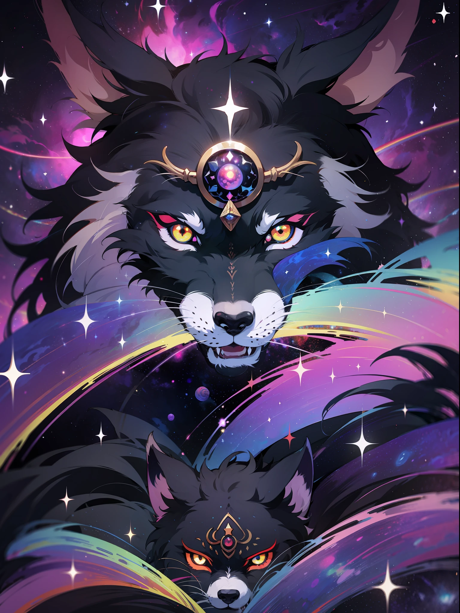 Mononoke hime, surrounded by black wolves spirits, in rainbow colored cosmic nebula background, stars, galaxies