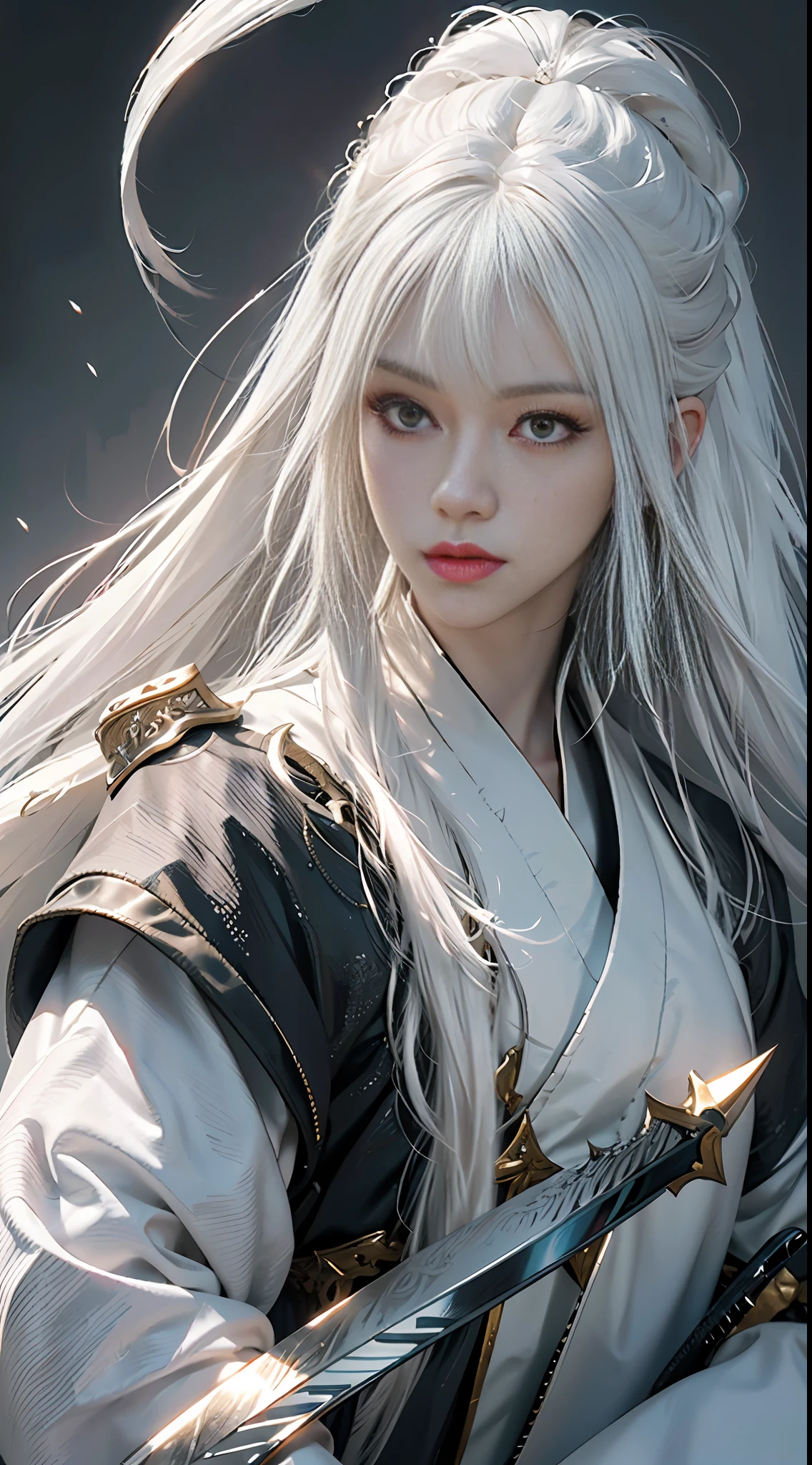a close up of a person with white hair and a sword, white haired deity, with white long hair, with long white hair, artwork in the style of guweiz, white haired, guweiz, handsome guy in demon slayer art, beautiful character painting, by Yang J, white-haired, guweiz on pixiv artstation, anime character