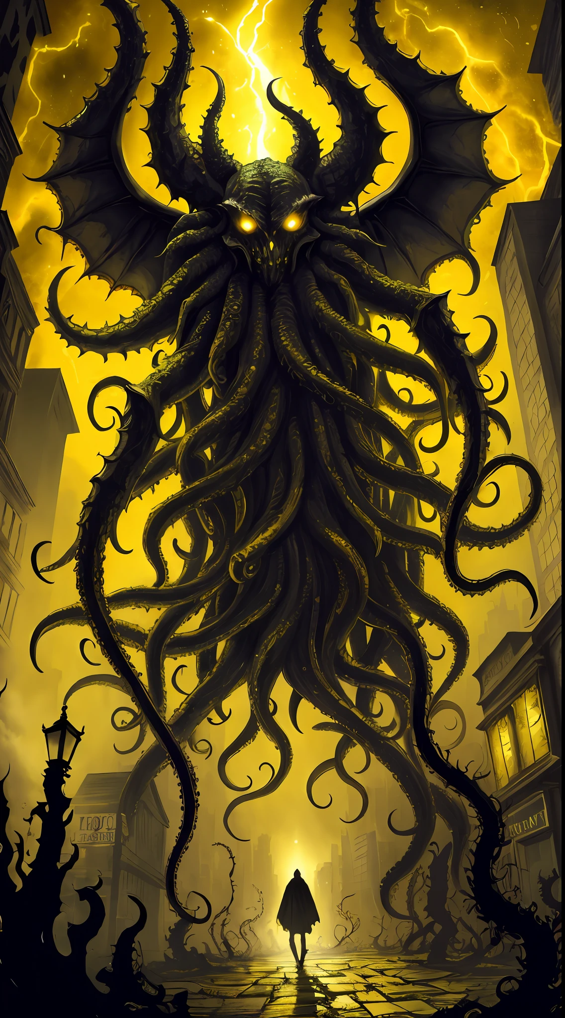 yellow and black, mystical monster, cosmic horror, monstrous creature, Lovecraft, with disgusting tentacles, surrounded by yellow fog, dark shadows, moss and blood, in the streets of a dark city, night