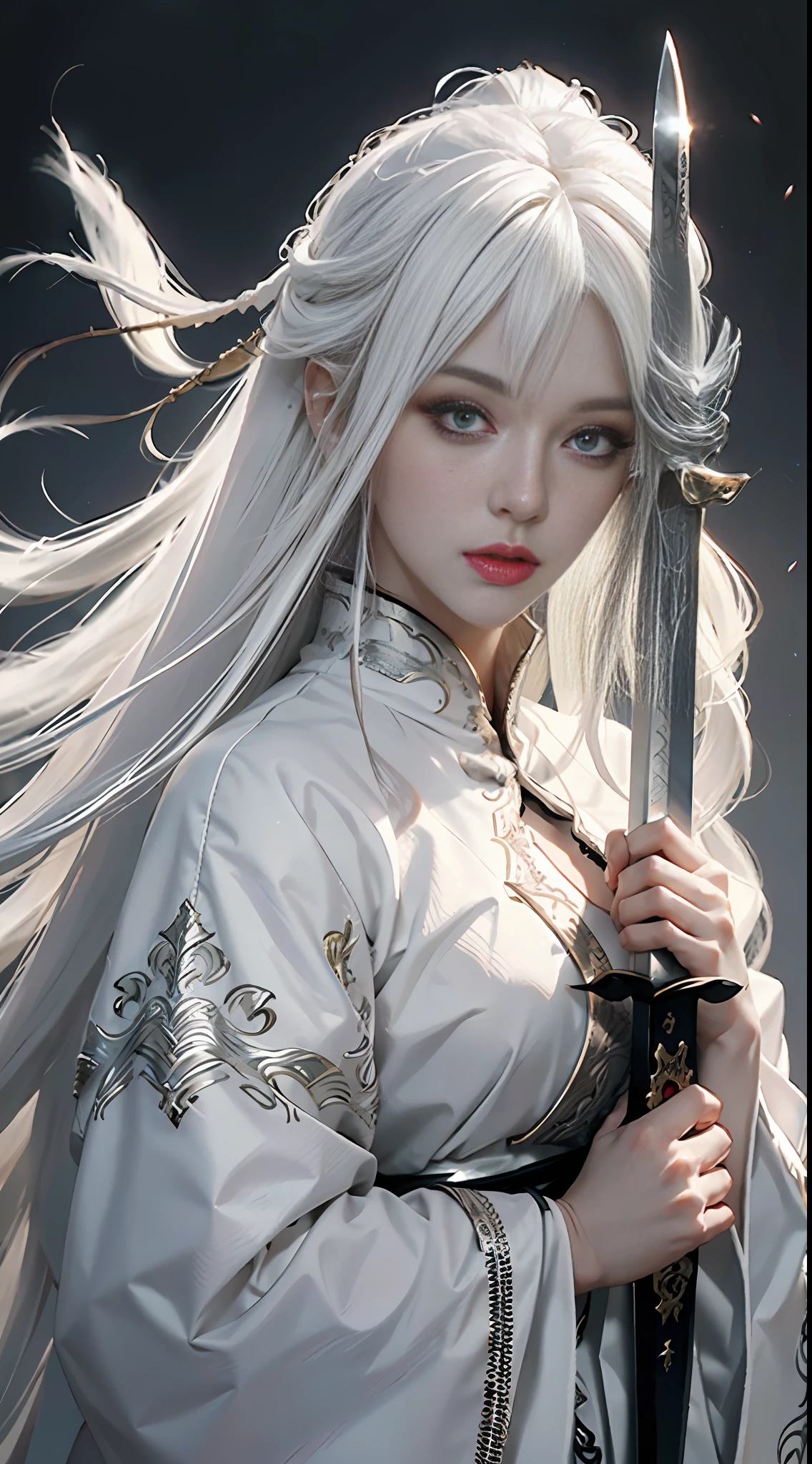 a close up of a person with white hair and a sword, white haired deity, with white long hair, with long white hair, artwork in the style of guweiz, white haired, guweiz, handsome guy in demon slayer art, beautiful character painting, by Yang J, white-haired, guweiz on pixiv artstation, anime character