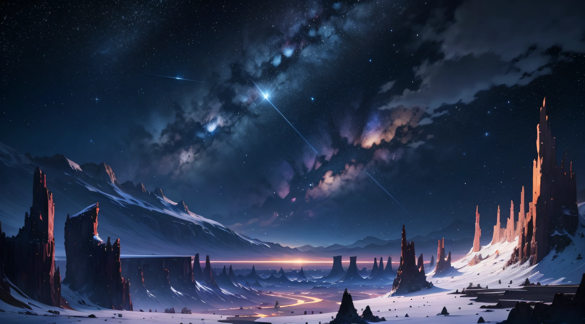 Starry sky background 1.1, beautiful plateau area, at night, two meteors 1.1, looking at the back of meteors on the cliff, fantastic landscape art 1.2, moon close at hand,