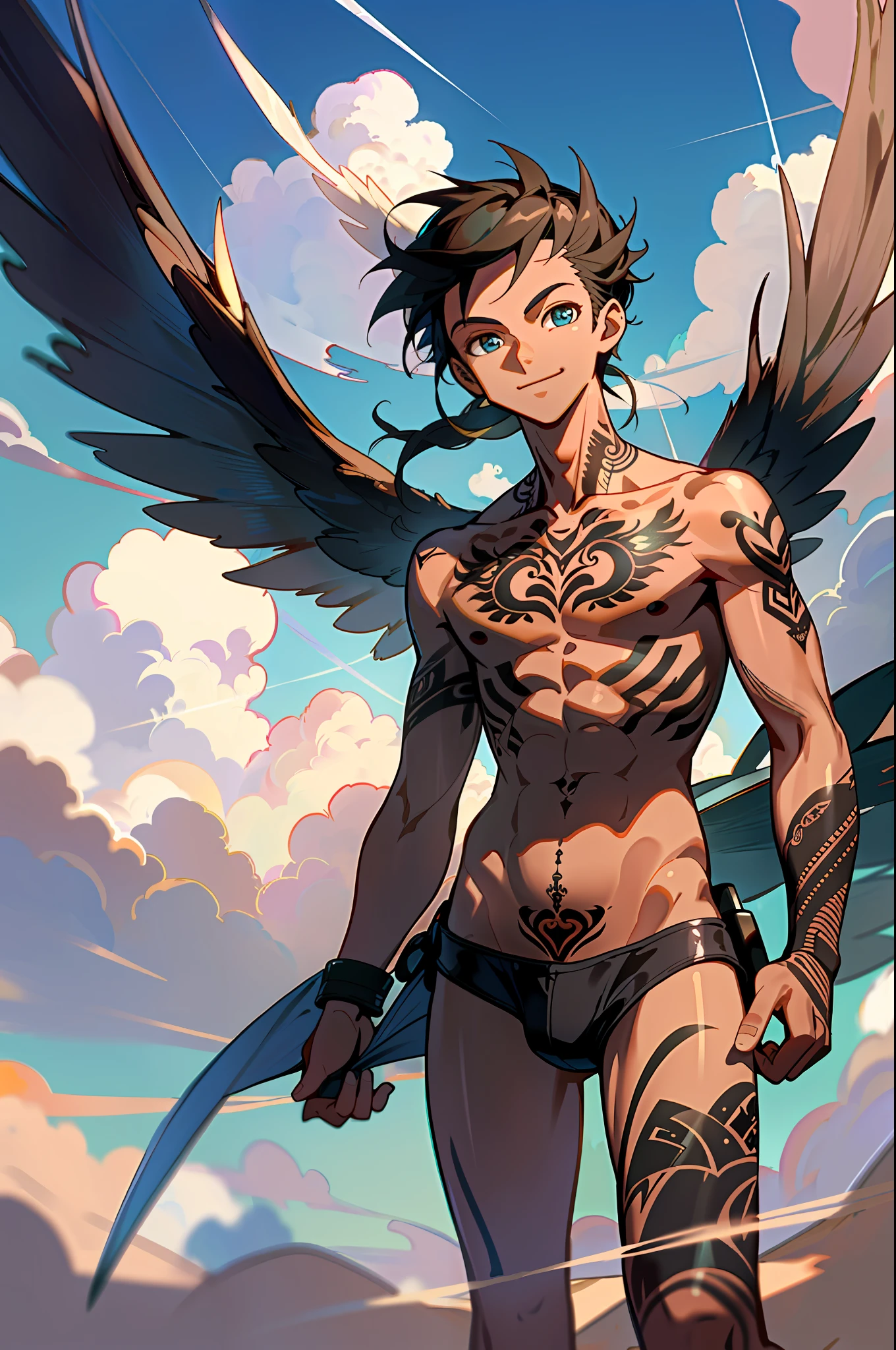 HD, High Quality, UHD, retina, ccurate, anatomically correct, super detail, high details, panorama, winged boy flying in the sky, full body, barefoot, dark skin, tattoos, tattoos, full tattoos, tongs, clouds, sun, clean blue sky, smile, panorama,