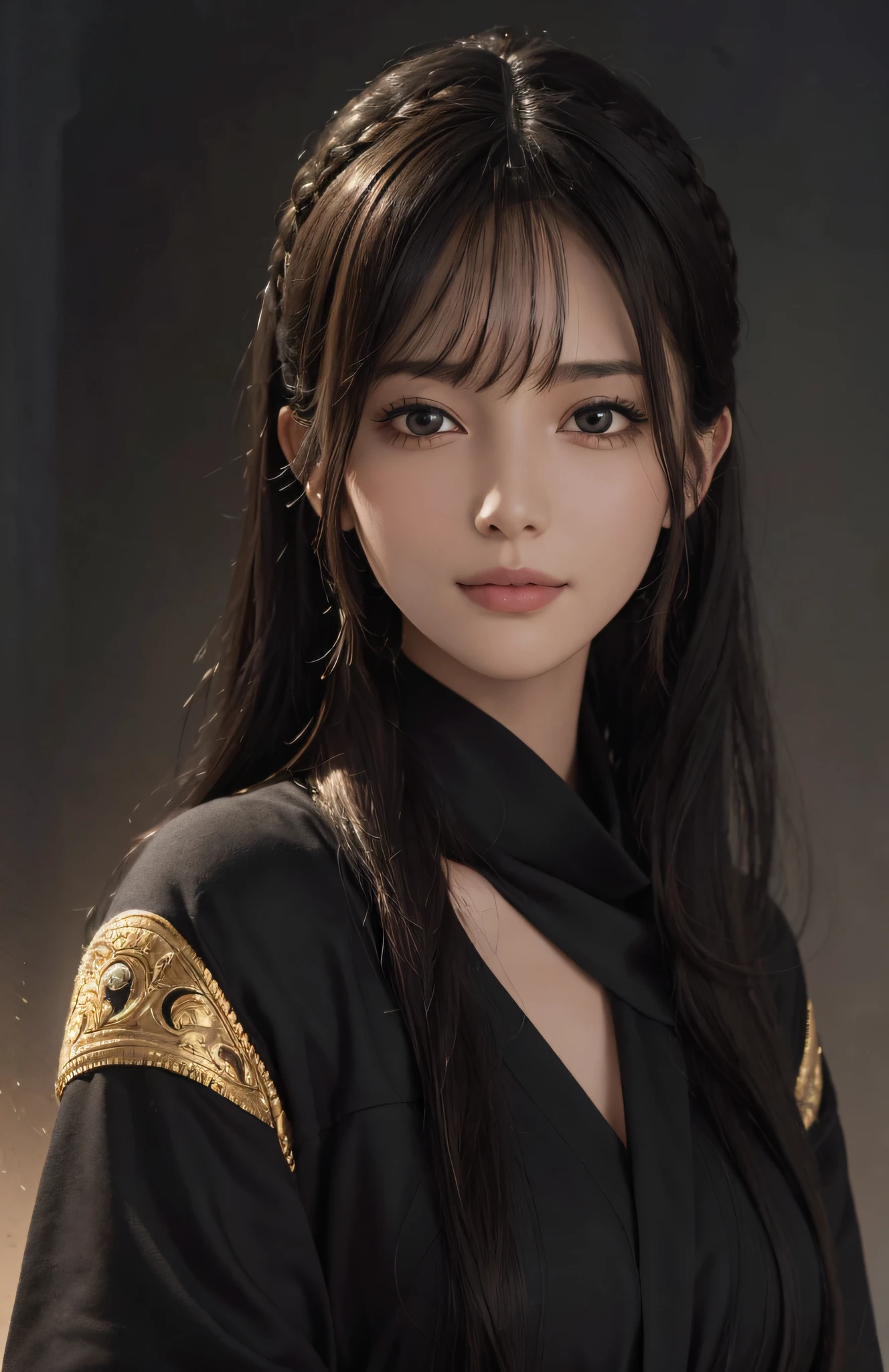 (Ultra Realistic), (Illustration), (High Resolution), (8K), (Very Detailed), (Best Illustration), (Beautiful and Detailed Eyes), (Best Quality), (Ultra Detailed), (Masterpiece), (Wallpaper), (Detailed Face), Solo, One Girl, Viewer, Fine Detail, Detailed Face, In the Dark, Deep Shadows, Low Key, pureerosfaceace_v1, Smile, Long Hair, Black shawl straight hair, 46-point diagonal bangs, super detailed photo