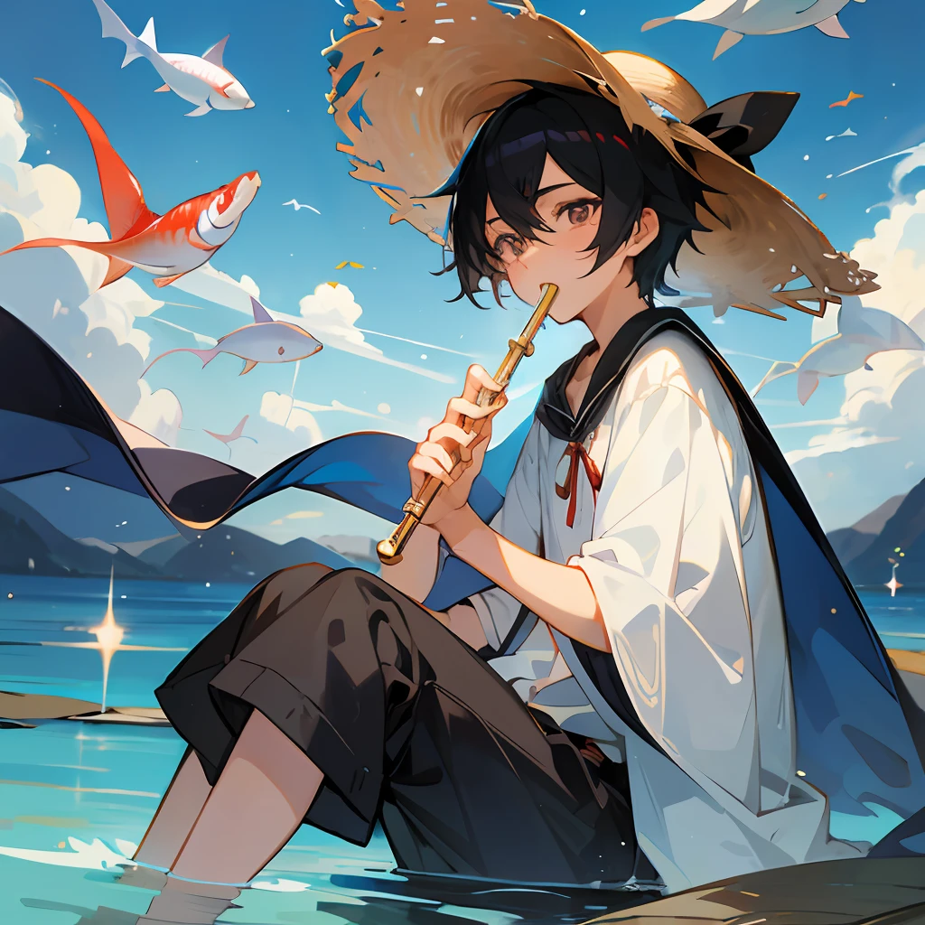 Anime black-haired male pupil cute boy, wearing short-sleeved shorts, wearing a straw hat with two ribbons and countless wind chimes, a long cape floating in the sky, playing a flute sitting on the back of a huge fish composed of water, the fish takes the boy to the sky, and leads countless small fish behind him to advance together, the picture is dreamy and beautiful --auto --s2