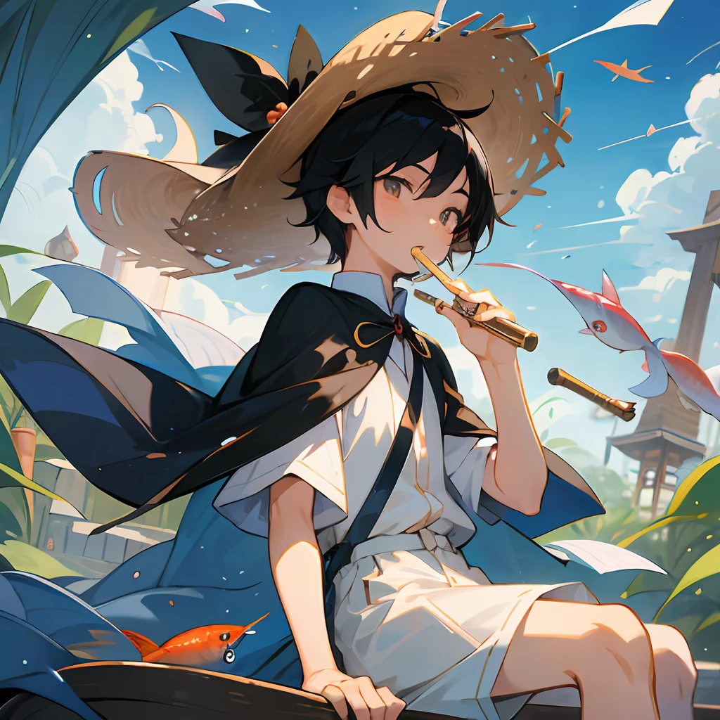 Anime black-haired male pupil cute boy, wearing short-sleeved shorts, wearing a straw hat with two ribbons and countless wind chimes, a long cape floating in the sky, playing a flute sitting on the back of a huge fish composed of water, the fish takes the boy to the sky, and leads countless small fish behind him to advance together, the picture is dreamy and beautiful --auto --s2