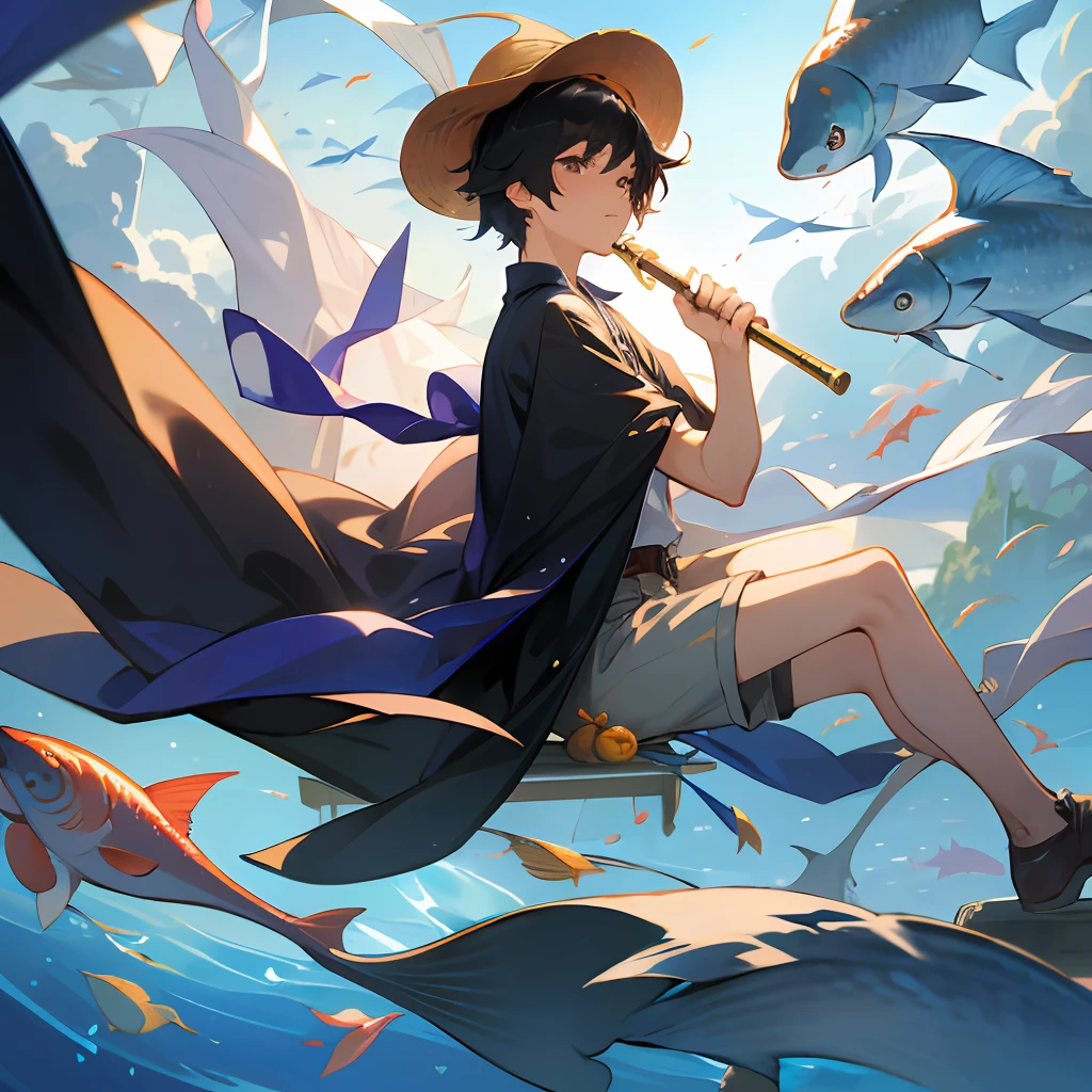 Anime black-haired male pupil cute boy, wearing short-sleeved shorts, wearing a straw hat with two ribbons and countless wind chimes, a long cape floating in the sky, playing a flute sitting on the back of a huge fish composed of water, the fish takes the boy to the sky, and leads countless small fish behind him to advance together, the picture is dreamy and beautiful --auto --s2