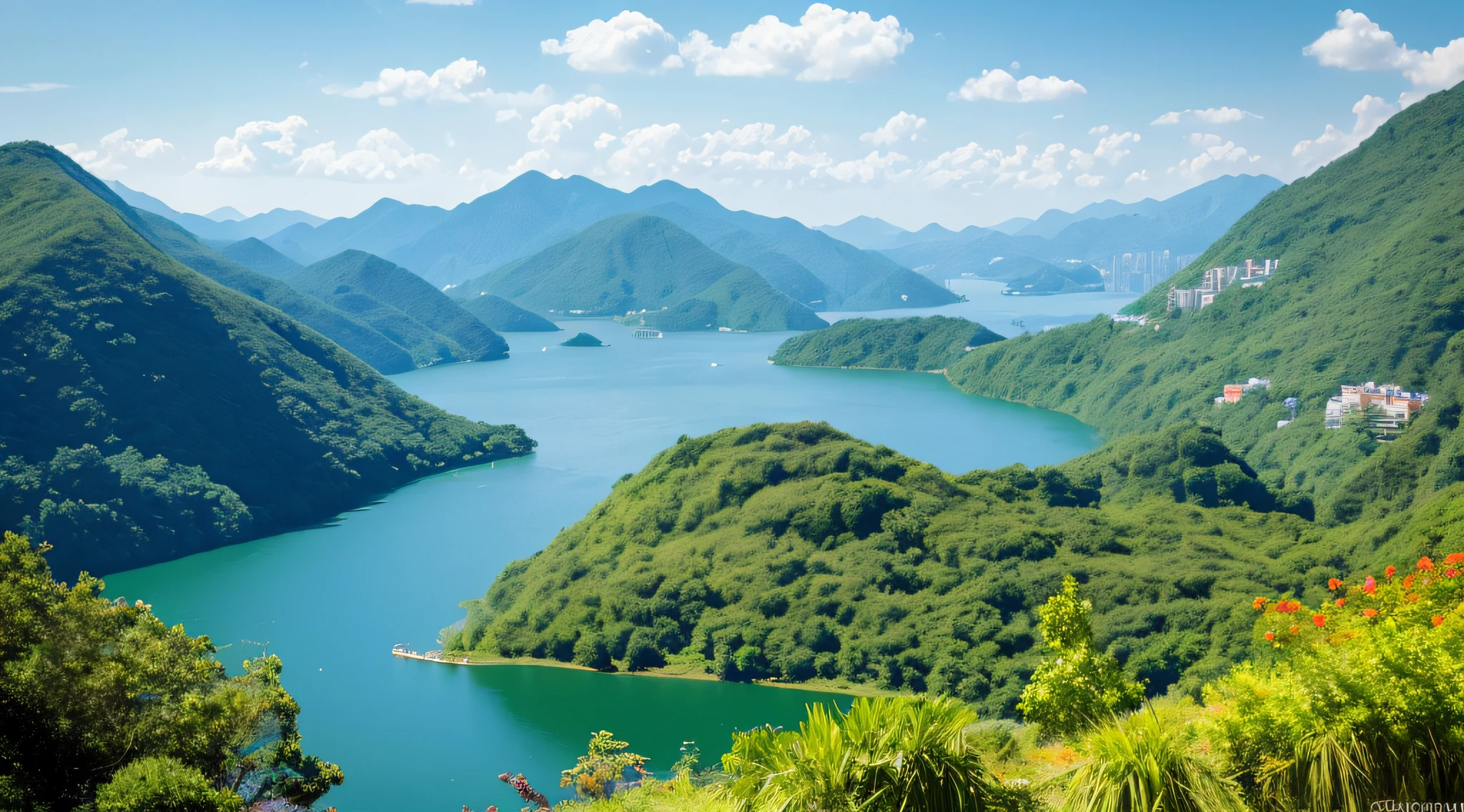With bright blue and the reflection of the lake, the lake and mountains of Sun Moon Lake in Taiwan are outlined. Drawing a serene and serene atmosphere, through the clever use of light and shadow, creating the sparkle on the lake and the shadow of the mountains under the sun. Attention to detail, depicting lush verdant vegetation and boats floating on the lake. Please use delicate and authentic painting skills to bring the beautiful scenery of Sun Moon Lake in Taiwan to life. Realistic photography, (low-key photo: 1.2), detail, 8k, (to8contrast style), (mist: 0.7), vivid colors, embellish2 Phtography, HDR RAW photo, 8K, highres, absurdres, Kodak Portra 400, film grain Bokeh, lens flare, vibrant color blurry background (best quality)masterpiece