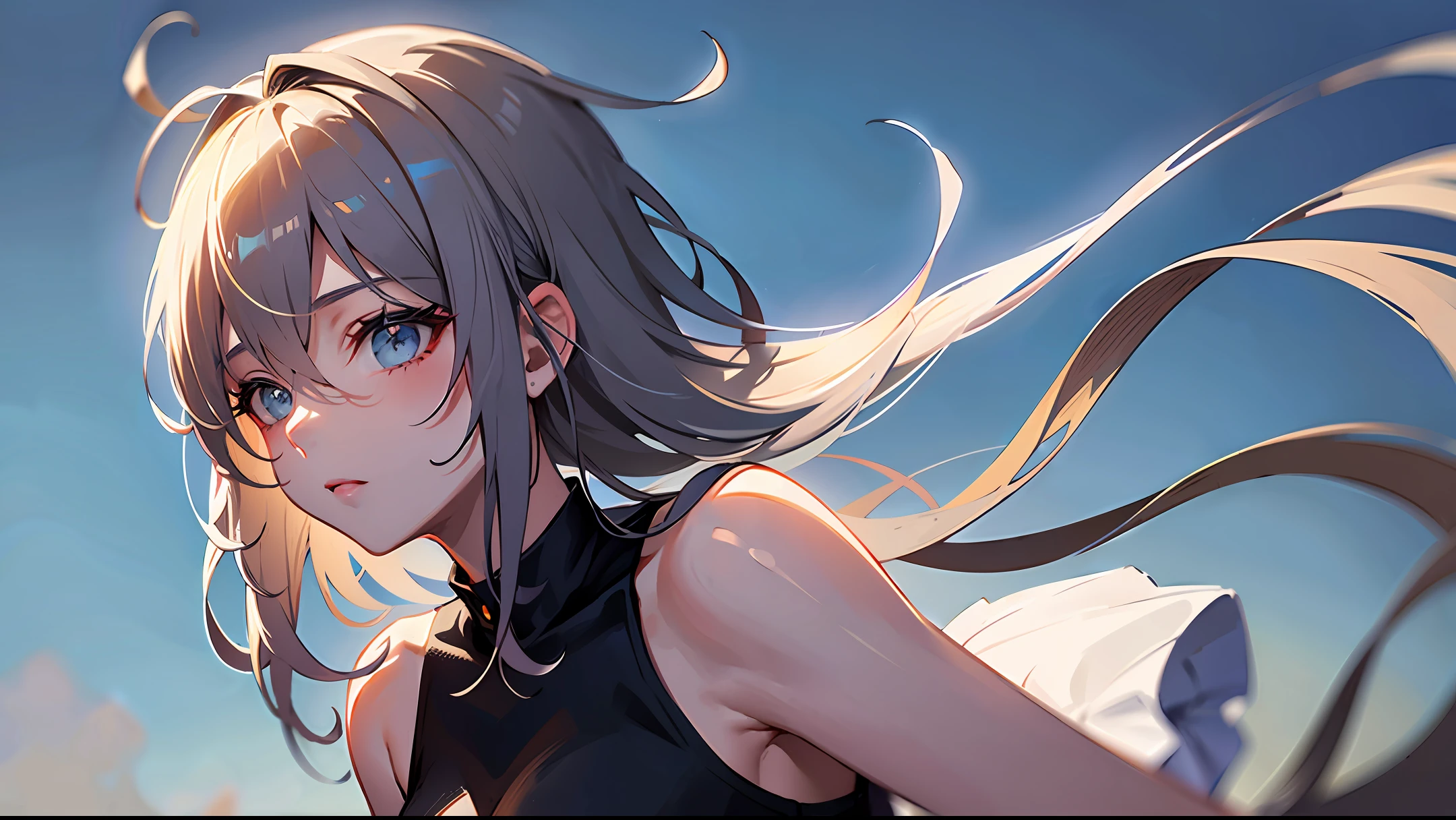 Masterpiece, Best Quality, Solo, (Yoha No. 2 Type B:1.14), (Eyes covered: 1.05), (Portrait: 1.1), (Upper body: 1.1), Big Tits, Expressionless, 1 Girl, Solo, (Wrinkled Hair, Messy Hair: 1.1), Gray Hair, Shiny Hair