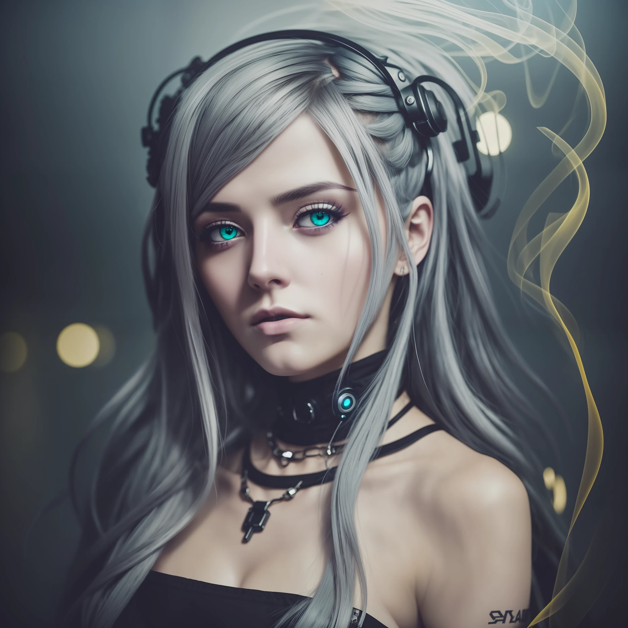 (best quality), (realistic photo), (dark) death, loneliness, mystery, e-girl, full body, gray hair, yellow eyes, perfect face, staring straight ahead, in a cyberpunk underworld, smoke. --auto --s2