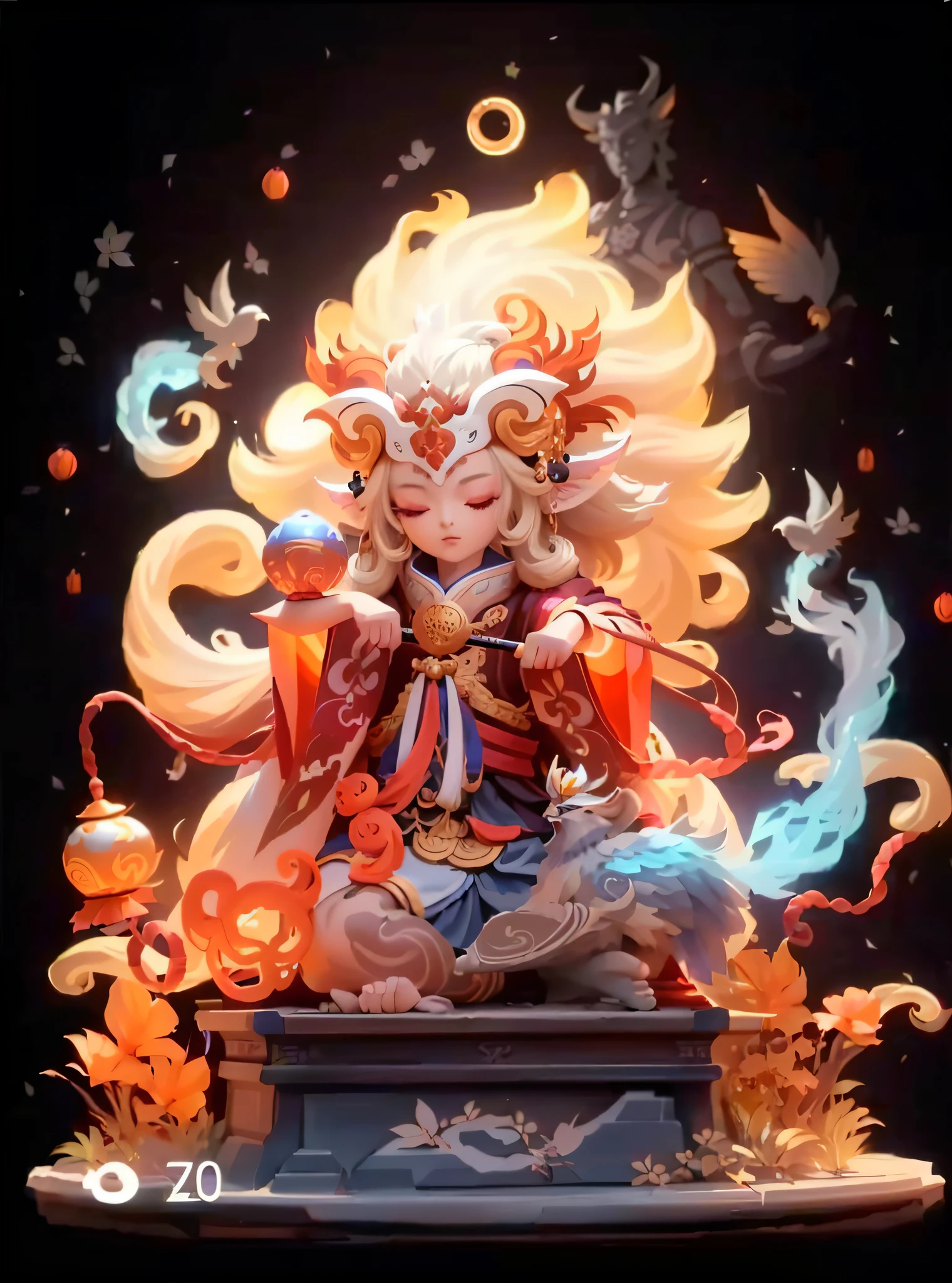 Close-up of statue of woman with bird on head, Onmyoji detailed art, Onmyoji, Asura in Chinese mythology, Onmyoji portrait, Sun Wukong, Taoist monk, Nine Tails, 8K high-quality detail art, inspired by Puhua, RossdrawsGlobal Lighting, Japanese God, Wu Zetian, cartoon face, majesty,