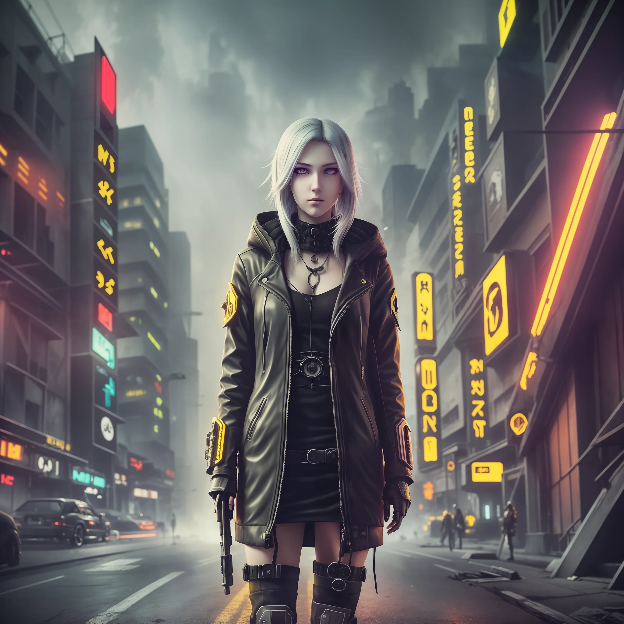 (best quality), (realistic photo), (dark) death, loneliness, mystery, e-girl, full body, gray hair, yellow eyes, perfect face, staring straight ahead, in a cyberpunk underworld, smoke. --auto --s2