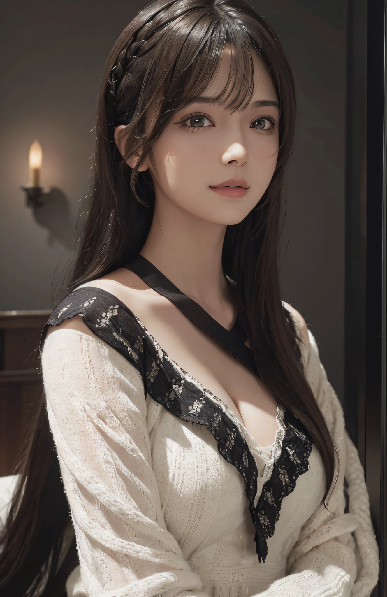 (Ultra Realistic), (Illustration), (High Resolution), (8K), (Very Detailed), (Best Illustration), (Beautiful and Detailed Eyes), (Best Quality), (Ultra Detailed), (Masterpiece), (Wallpaper), (Detailed Face), Solo, One Girl, Viewer, Fine Detail, Detailed Face, In the Dark, Deep Shadows, Low Key, pureerosfaceace_v1, Smile, Long Hair, Black shawl straight hair, 46-point diagonal bangs, super detailed photo