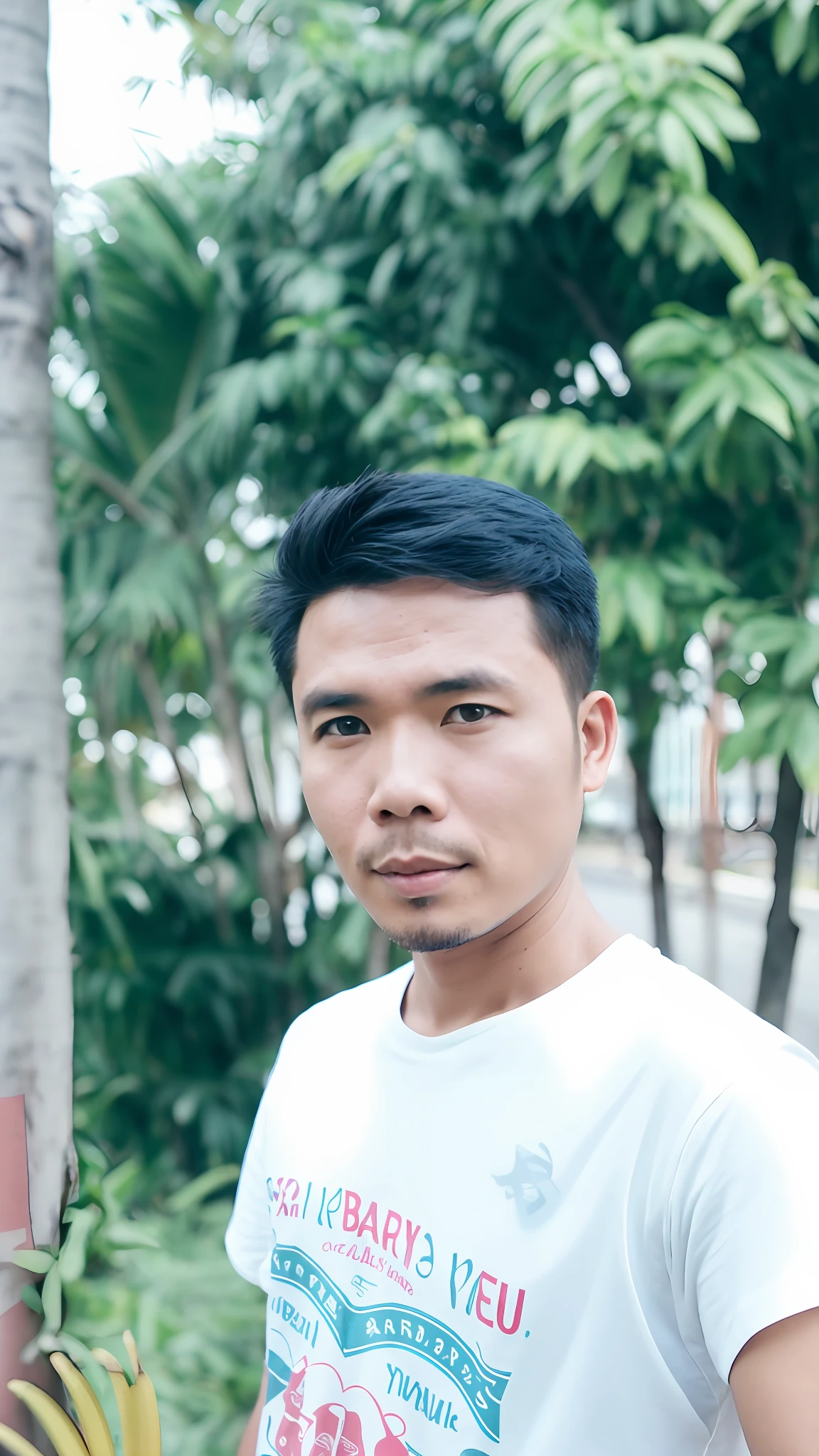 there is a man standing in front of a tree with a banana in his hand, 30 years old man, photo of a man, portrait shot 8 k, a photo of a man, south east asian with round face,