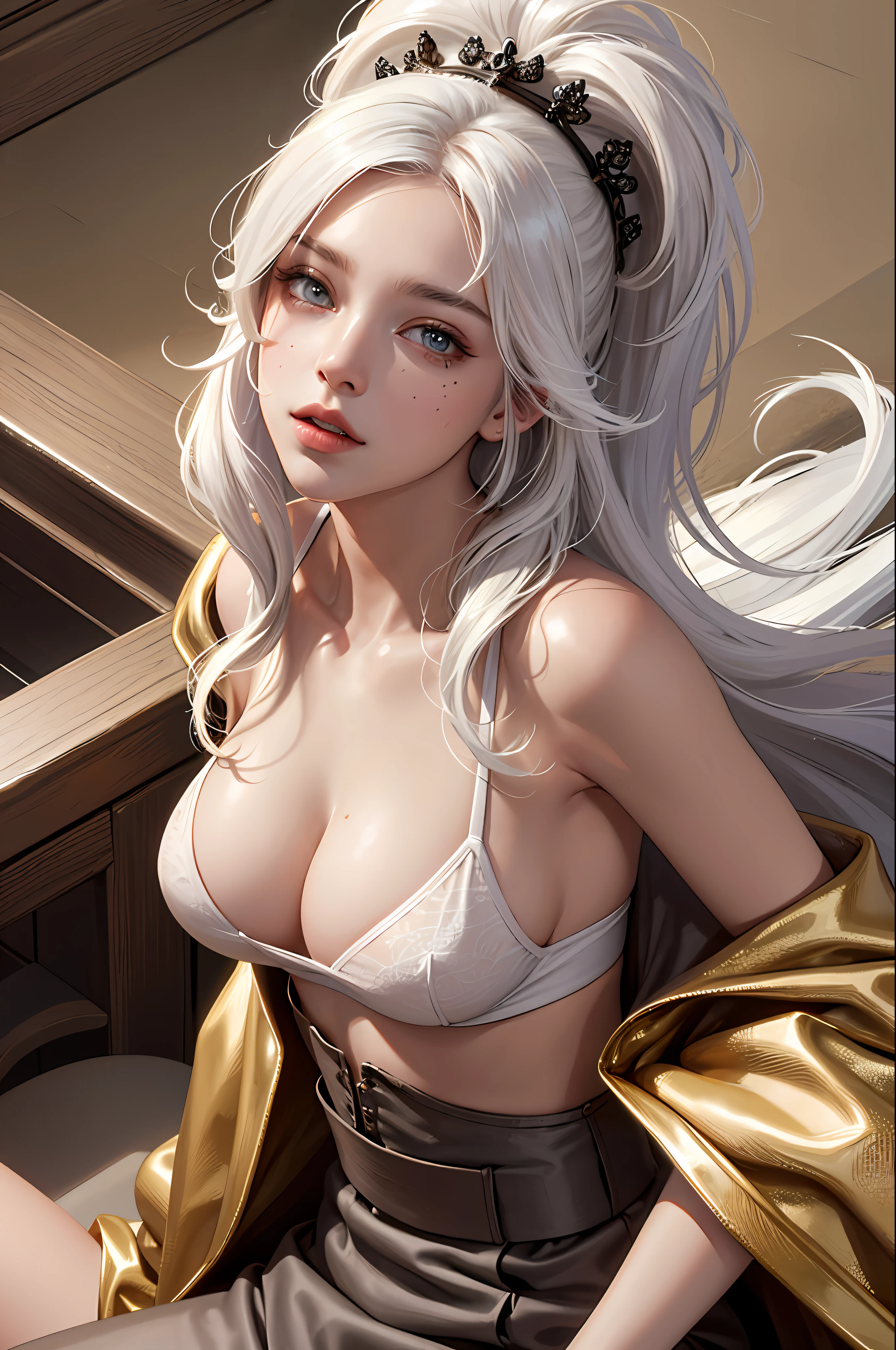 (hyperrealistic), (illustration), (high resolution), (8K), (extremely detailed), (best illustration), (beautiful detailed eyes), (best quality), (ultra-detailed), (masterpiece), (wallpaper), (detailed face), solo 1 girl, white wavy hair, korean, heterochromic eyes, small moles under the eyes, loose white shirt, yoga pants, big breasts, long legs, tight abs, camel toes, dynamic pose