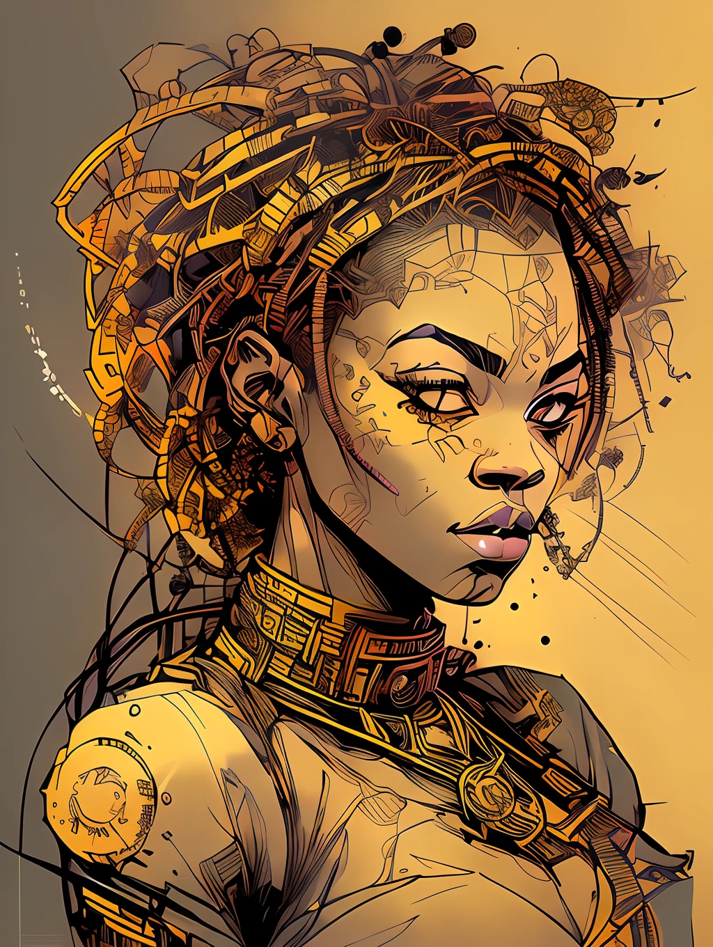 nvinkpunk, floral, steampunk (((African young-aged woman))), insanely beautiful woman, masterpiece, best quality, ((detailed face)), long messy hair, golden colors, bright eyes, ((award winning)), (High Detail), Sharp, 8k, trending on artstation, intricate, floral.