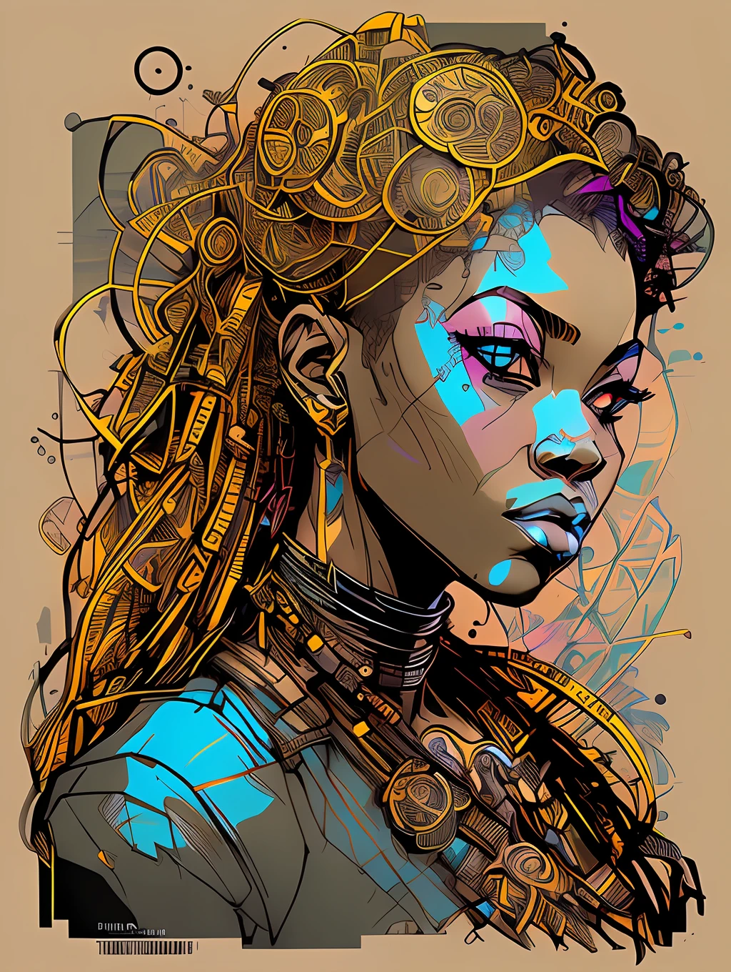 nvinkpunk, floral, steampunk (((African young-aged woman))), insanely beautiful woman, masterpiece, best quality, ((detailed face)), long messy hair, golden colors, bright eyes, ((award winning)), (High Detail), Sharp, 8k, trending on artstation, intricate, floral.