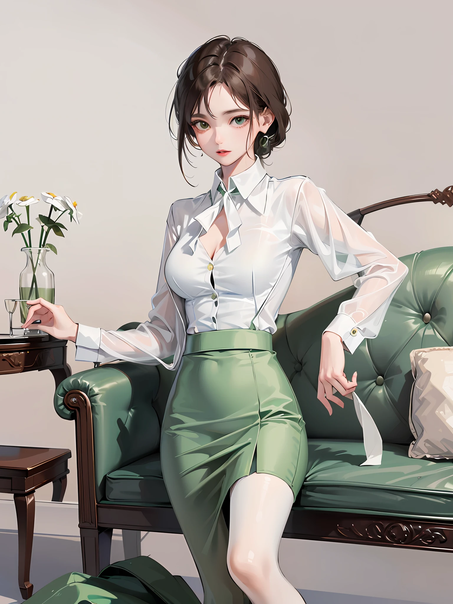 A woman in a white shirt and green skirt sitting on the sofa, white shirt and green skirt, shirt, office clothes, white shirt, very charming and beautiful, elegant outfit, elegant casual clothes, smooth white tight suit suit, business casual clothes, fine white shirt, overalls, elegant clothes, white shirt