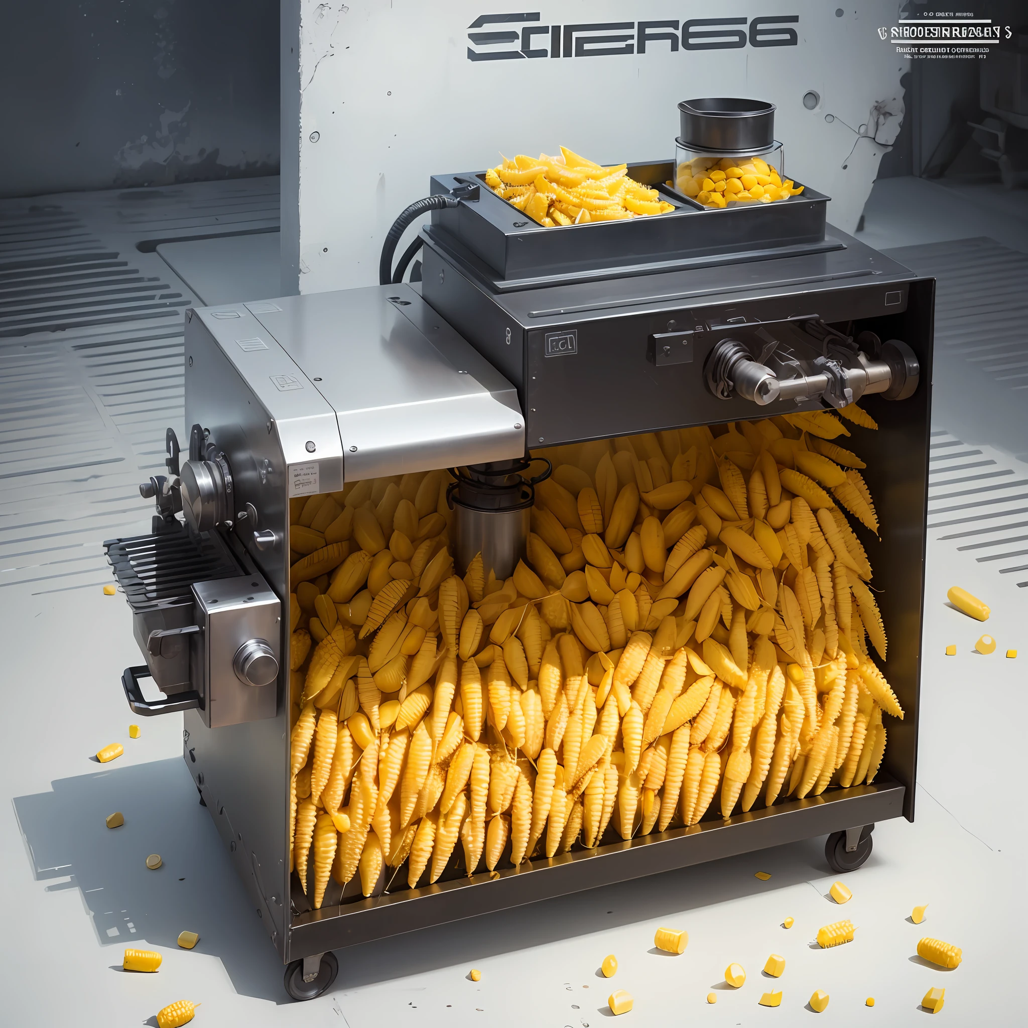 Main structure: The machine has a robust and stable rectangular structure, with approximate dimensions of 60 cm in length, 40 cm in width and 30 cm in height.

Feeding mechanism: A feeding mechanism located on the front of the machine pulls the corn into the husher, allowing the continuous flow of the corn to be processed.

Adjustable cutting blades: Inside the peeler, there are strategically positioned adjustable cutting blades. These blades are adjustable for different sizes of corn and ensure accurate shelling.

Peeling system: The peeling system is driven by an electric motor located at the rear of the machine. This motor rotates the cutting blades at an appropriate speed to remove the corn husks without damaging the grains.

Collection container: A collection container is positioned just below the cutting blades. It allows the husked corn to be directed to a separate compartment from the husks, facilitating its collection and later use.

Control interface: On the front of the machine, there is a control interface with buttons or a touch screen. These controls allow the housewife to turn on, off, and adjust the speed of the peeler as needed. --auto --s2