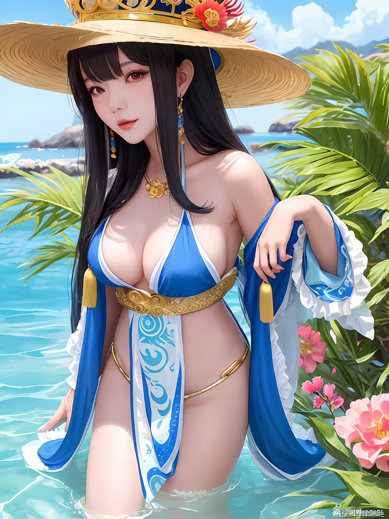 arafed asian woman in a bikini and a hat posing for a picture, japanese goddess, full body xianxia, 奈良美智, a beautiful fantasy empress, gorgeous chinese model, seductive anime girl, realistic young gravure idol, anime girl cosplay, captured on canon eos r 6, anime goddess, trending at cgstation