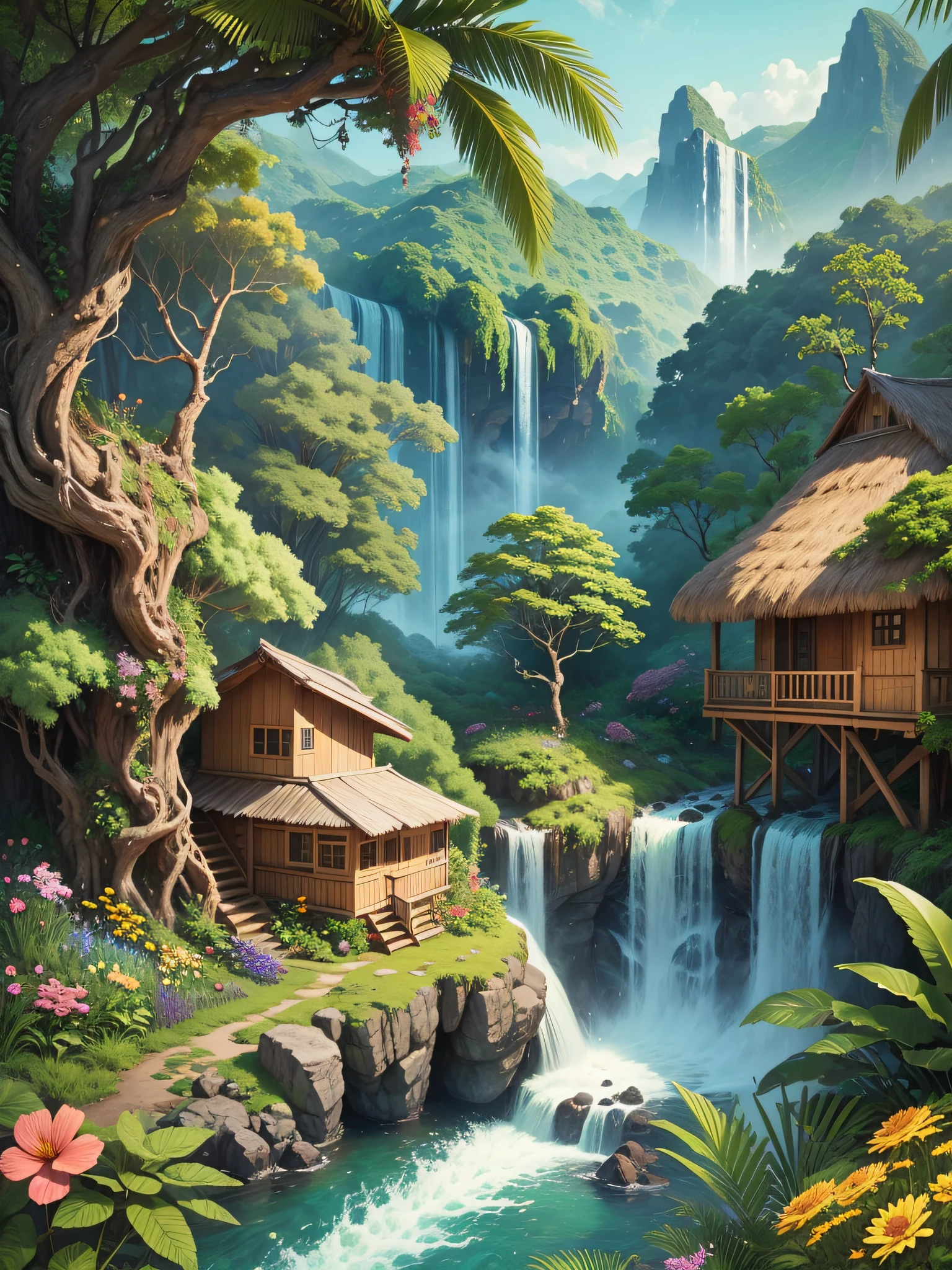 jungle, waterfall, surrounded with wild flowers. a tiny hut with a person standing on its porch, viewed from afar. masterpiece, best quality, high detailed