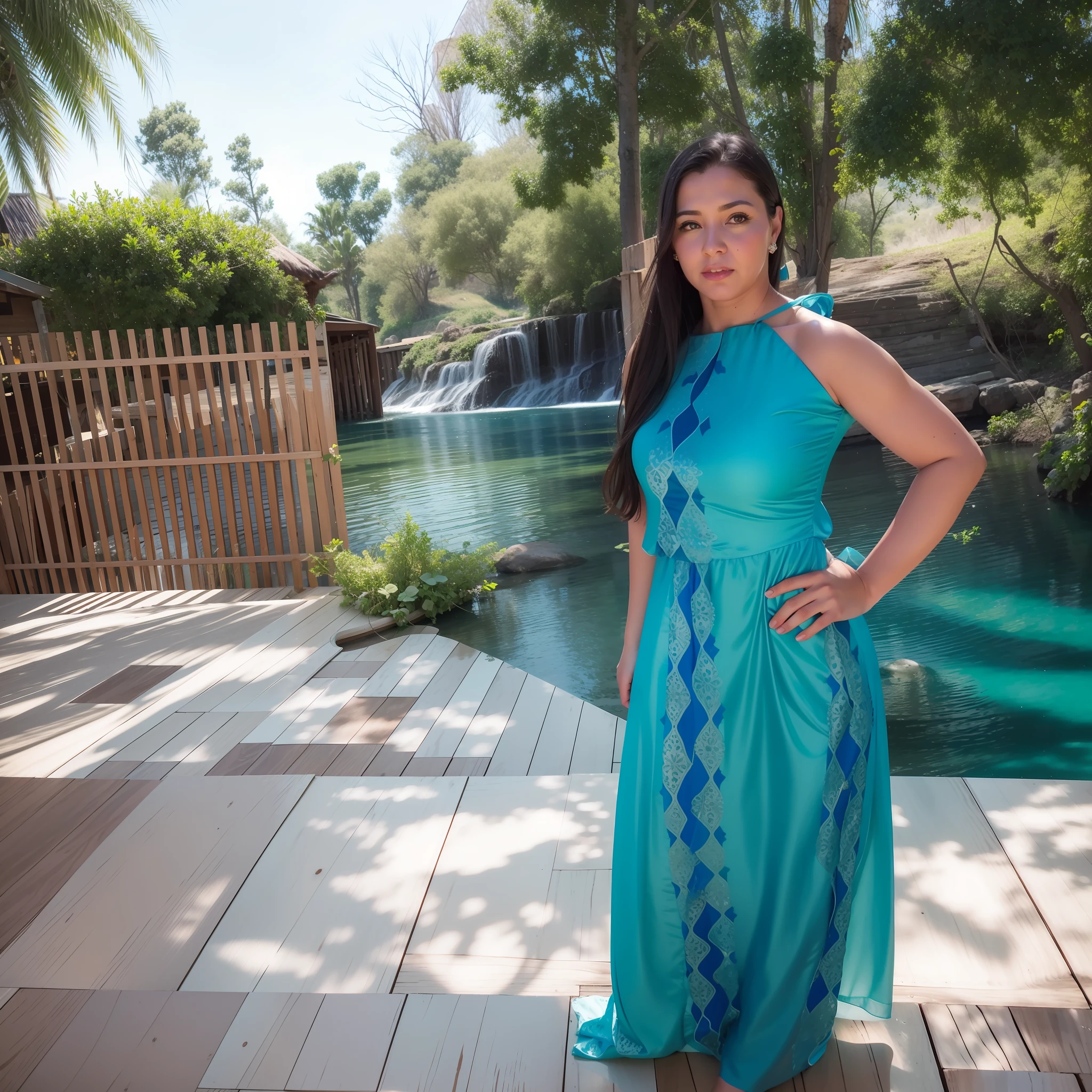 araffe woman in a blue dress standing on a wooden floor, full length view, wearing a long dress, wearing a flowing dress, wearing a dress made of water, long blue dress, full body wide shot, wearing a plastic blue dress, full body green dress, beautiful, wearing an african dress, wearing a wonderful dress, gorgeous lady, by Ramón Silva