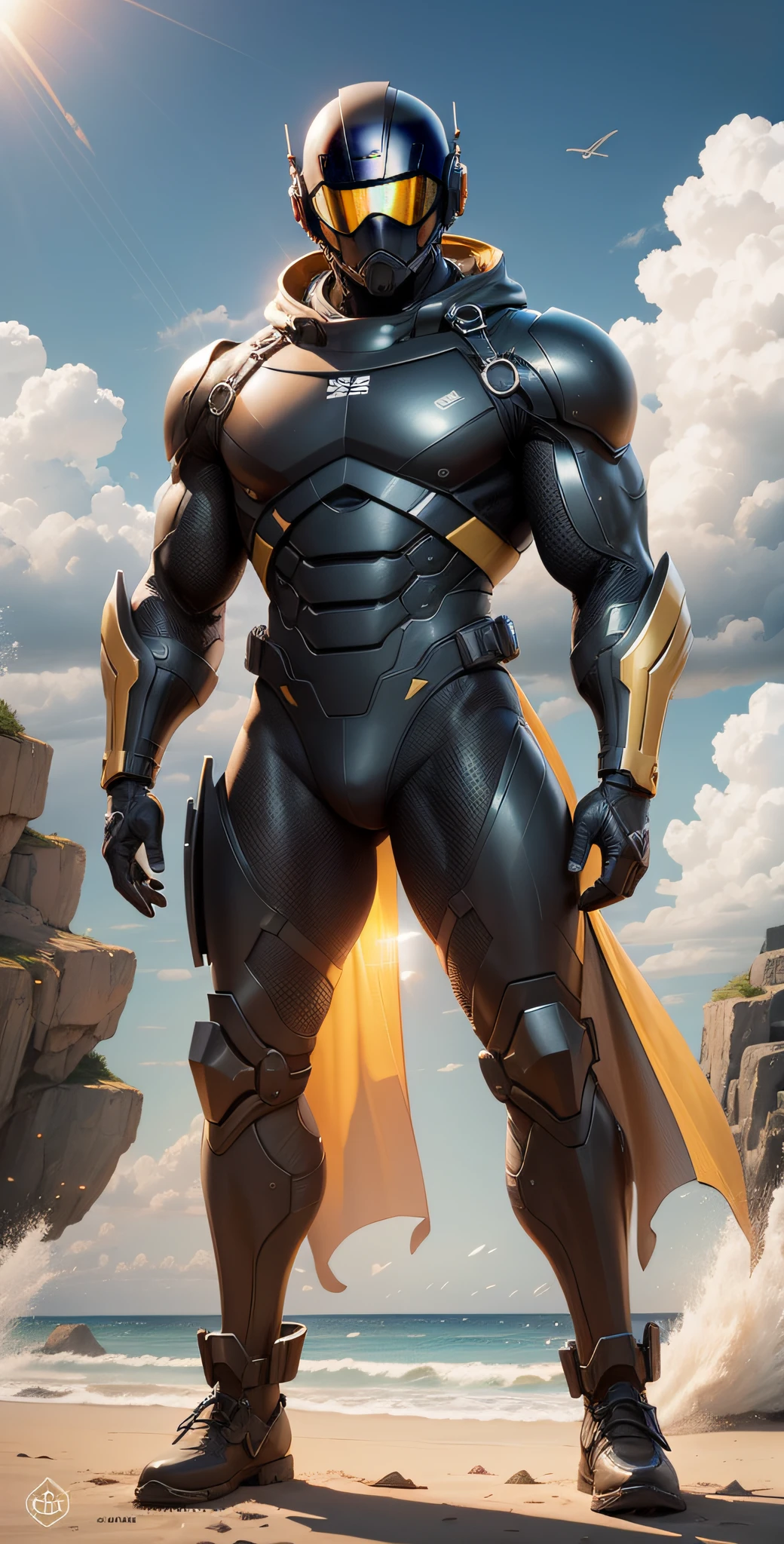 Man in yellow and black clothes standing on the sunny beach, muscular man, American round inch, Buzz cut, muscular! Wearing black sunglasses, mechanical mask, round head Buzz Cut, stealth suit, symmetrical pattern texture design, best picture quality and resolution, character design special forces, black military boots, attractive strong men and armor, weaving sunlight shining through the clouds on the body, Li Xiaoxiao