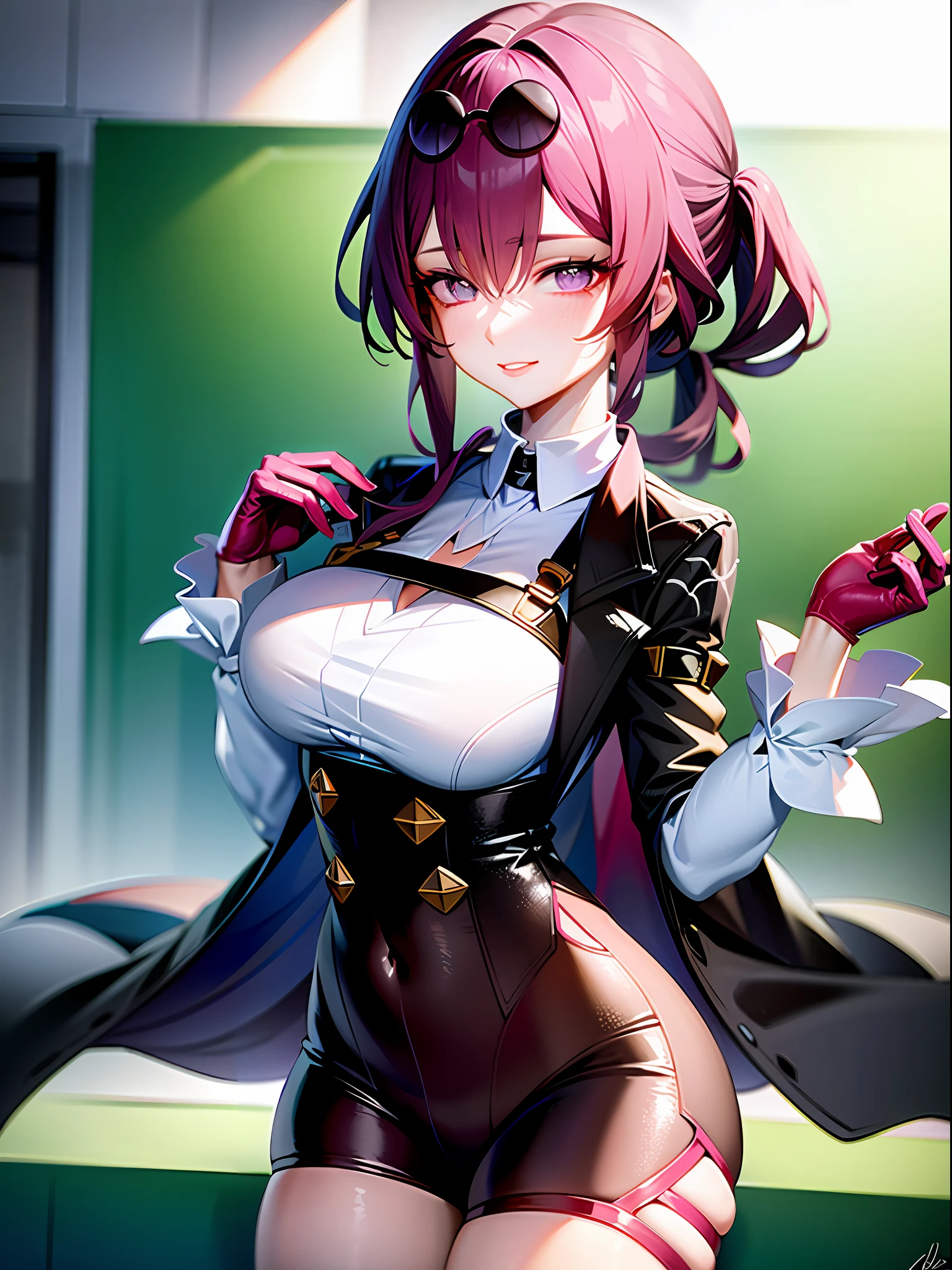 Masterpiece, best quality, best anime 4k konahan wallpaper, kafka v4, lam-style, 1girl, solo, looking at the audience, smile, parted lips, looking back, purple eyes, sunglasses, upper body, glasses on the head, shirt, white shirt, jacket, fine details, female action anime girl, girl front style, beautiful seductive anime woman, attractive anime girl, (SFW) safety work