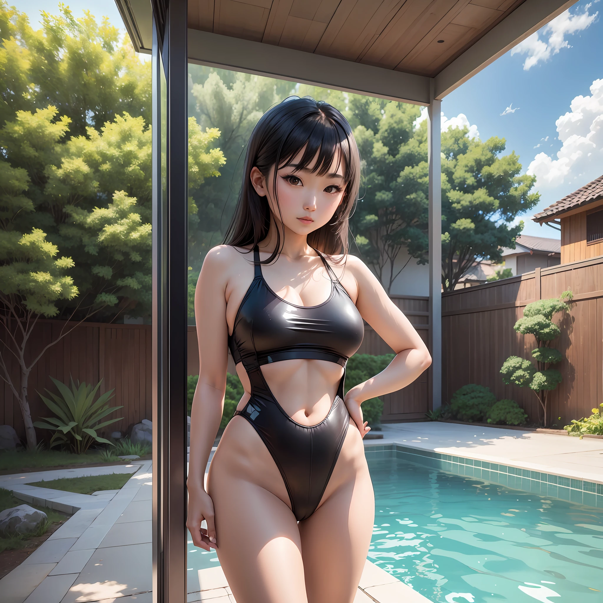 arafed asian girl in a black swimsuit standing in front of a swimming pool, is wearing a swimsuit, cute girl wearing tank suit, young swimsuit model, chiho, shiori teshirogi, egawa yui, 奈良美智, chiho ashima, young gravure idol, yasumoto oka --auto --s2