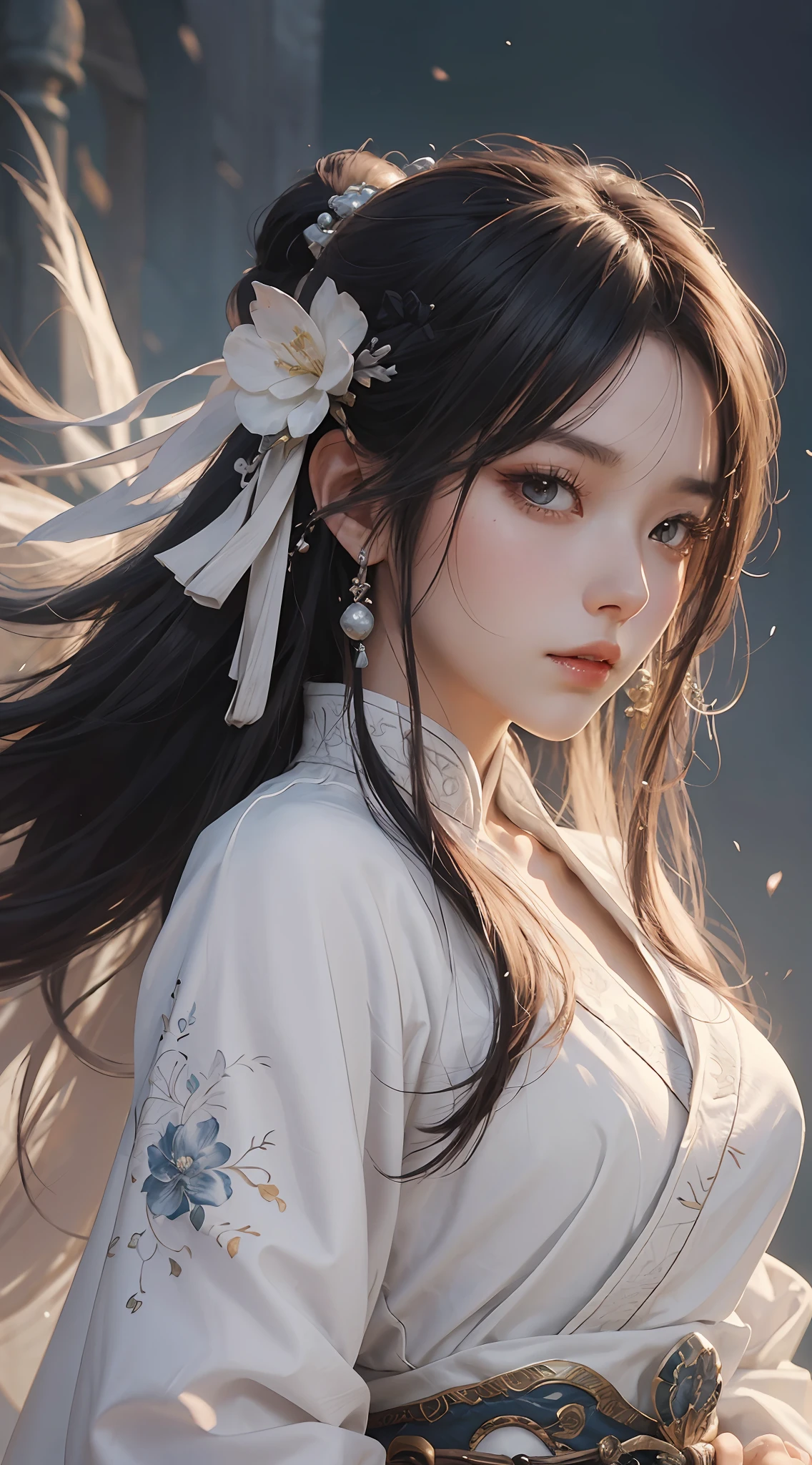 a close up of a woman with a sword in a white dress, a character portrait by Yang J, trending on cgsociety, fantasy art, beautiful character painting, artwork in the style of guweiz, guweiz, white hanfu, flowing white robes, full body wuxia, epic exquisite character art, stunning character art, beautiful female assassin --auto --s2