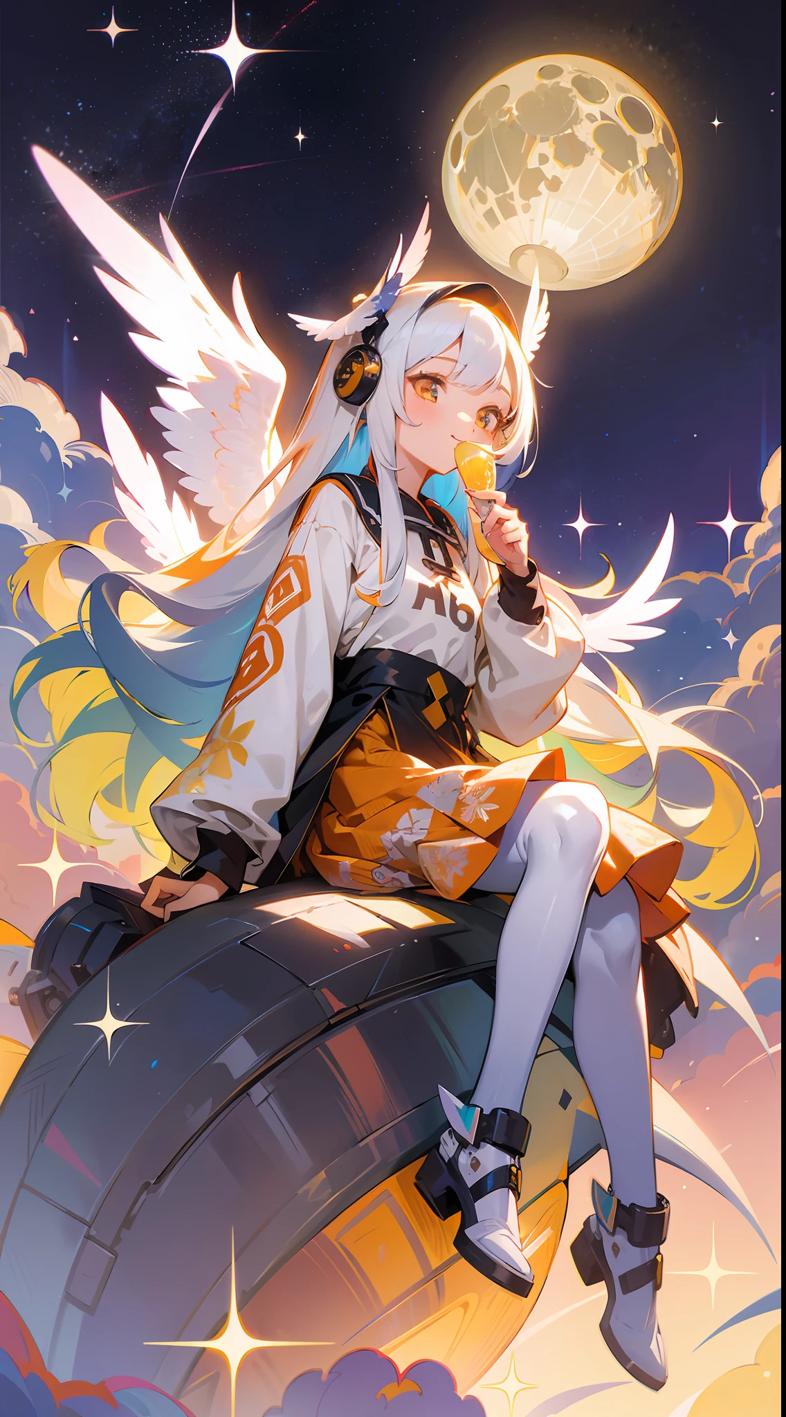 girl in a valley, sitting, blush, stylized gray and orange sweatshirt, patterned skirt, pantyhose, holding red cup, big dreamy eyes, radiant smile, gradient eyes, long hair, multicolored hair, white hair, yellow hair, mechanical wings, flowers, dusk, full moon, sky with many stars, immersive and detailed scenery, floating feathers, cute little creature, clouds, high resolution illustration, best quality, hyper detailed, (colorful)