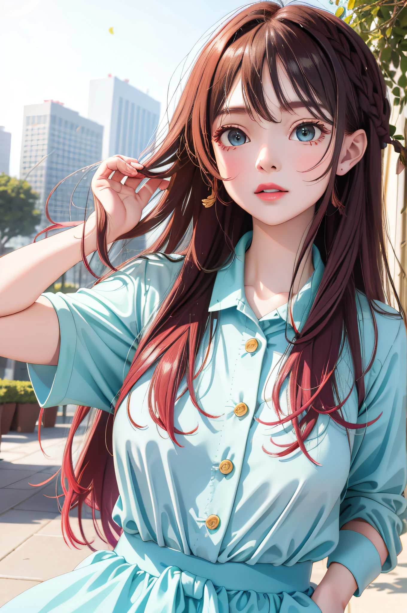 masterpiece, top quality, spring clothes, colorful hair, outdoor, fashion magazine cover, upper body, she will borrow