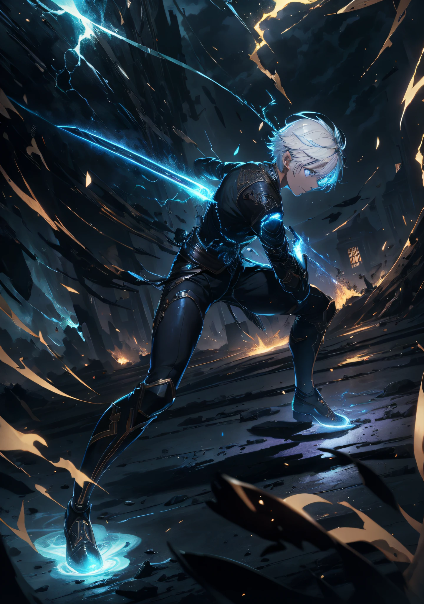 (absurdres, highres, ultra detailed, HDR, 8k, 16k), masterpiece, best quality, a boy holding a sword, solo, handsome, short hair, white hair, detailed face, white jacket, black pants, standing on ground, perspective pose, combat pose, attack pose, wielding sword pose, dark ocean background, spark, surrounded by electric, surrounded by lightning effect, glow, glow effect, look at viewer