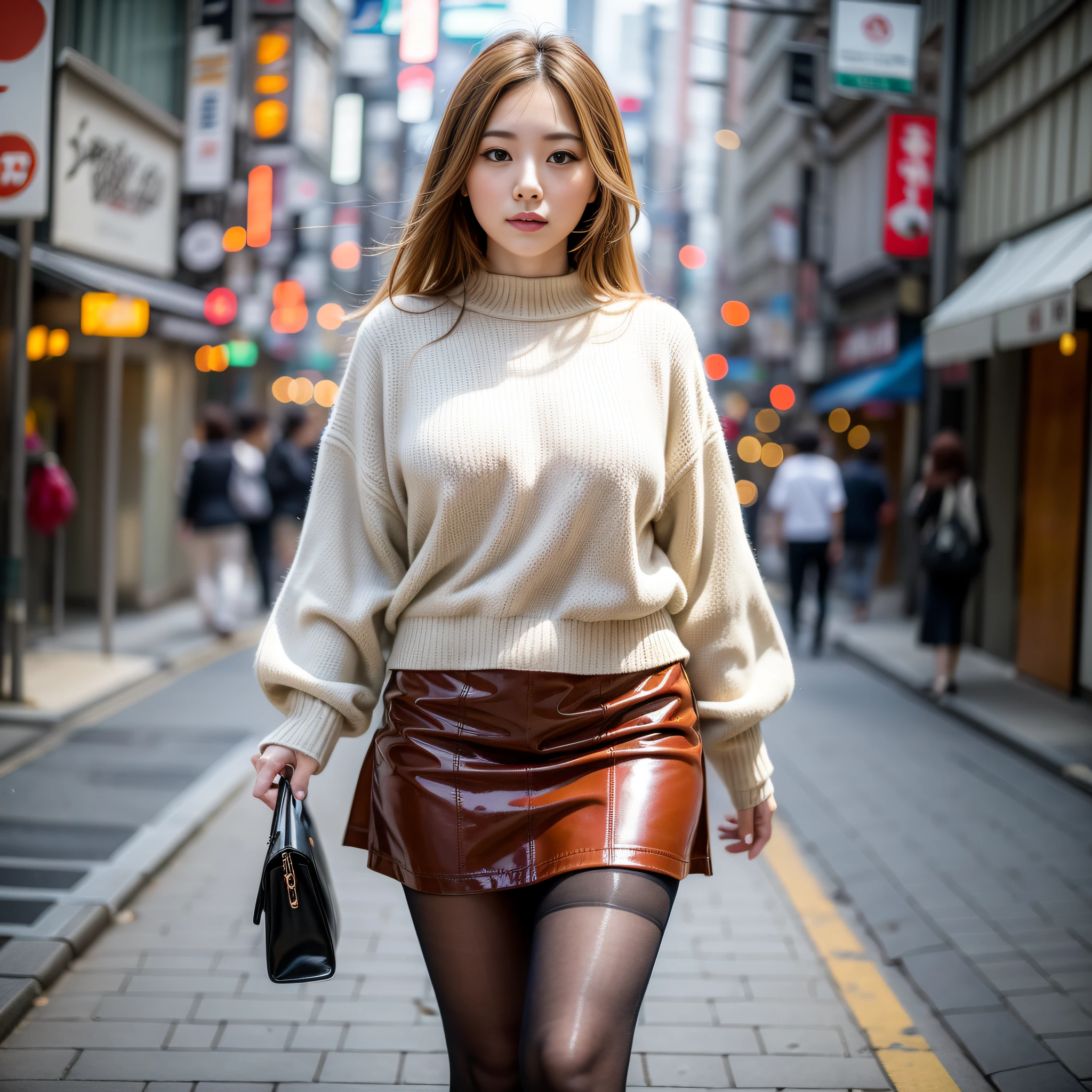 masterpiece, 1girl, 16K, perfect human figure, 40 year old sexy woman walking in the streets of Japan, casual clothes, two limbs, flabby figure, perfect hands, perfect legs, casual pumps, beige pantyhose, casual skirt, Japanese sign, background blurred, perfect face, ultra-realistic,