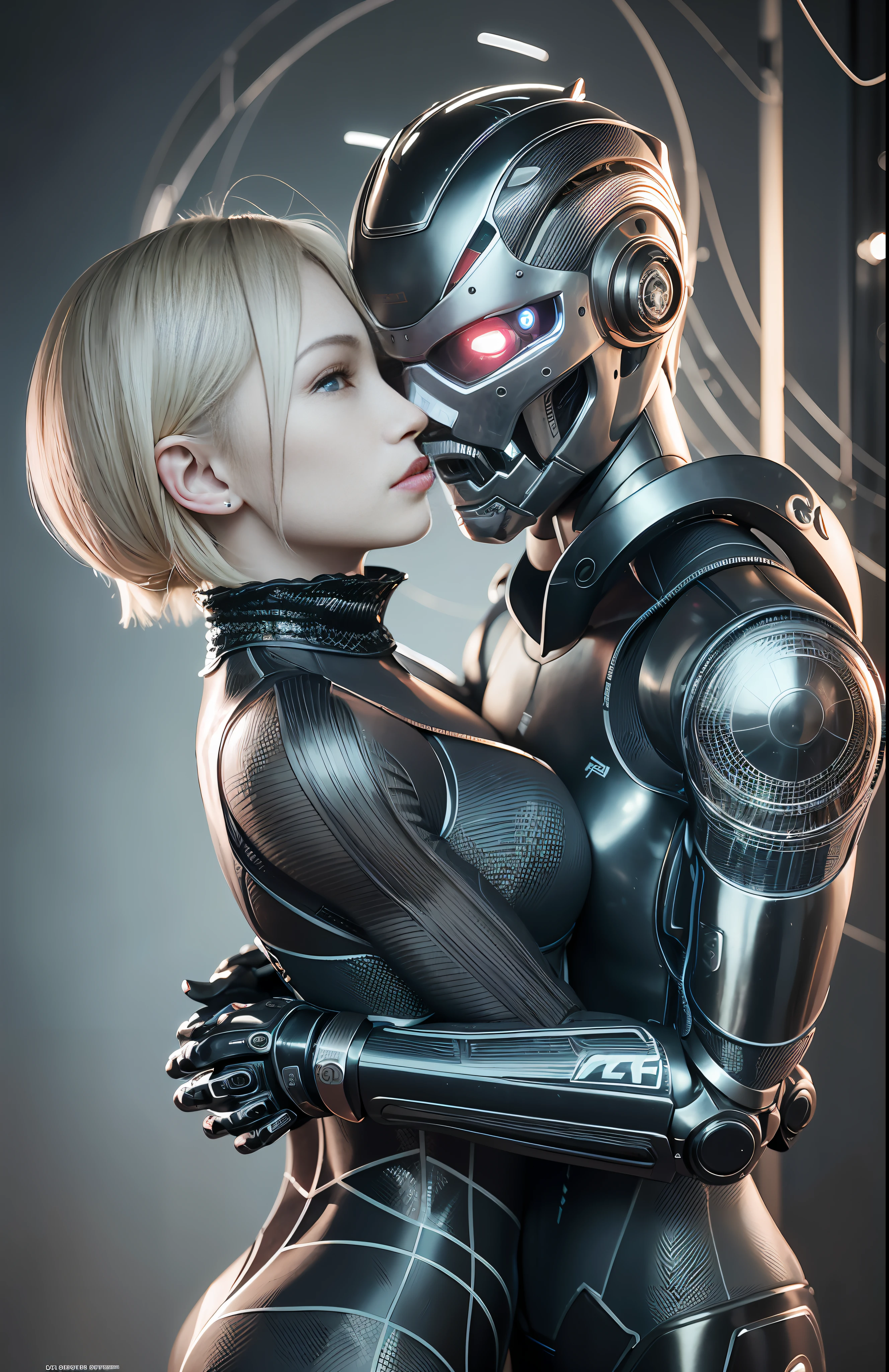 A 25 year old realistic real man in jacket clothes and a female robot passionately lingering hugging and kissing, complex 3d rendering very detailed beautiful ceramic silhouette female robot face, robot, robot parts, 150mm, beautiful studio soft light, edge light, vibrant details, luxurious cyberpunk, lace, surrealism, anatomy, facial muscles, cable wire, microchip, elegant, beautiful background, octane rendering, HR Giger style, 8k, best quality, masterpiece, illustration, very refined and beautiful, very detailed, CG, unified, wallpaper, (realism, realism: 1.37), amazing, fine detail, masterpiece, best quality, full body,
