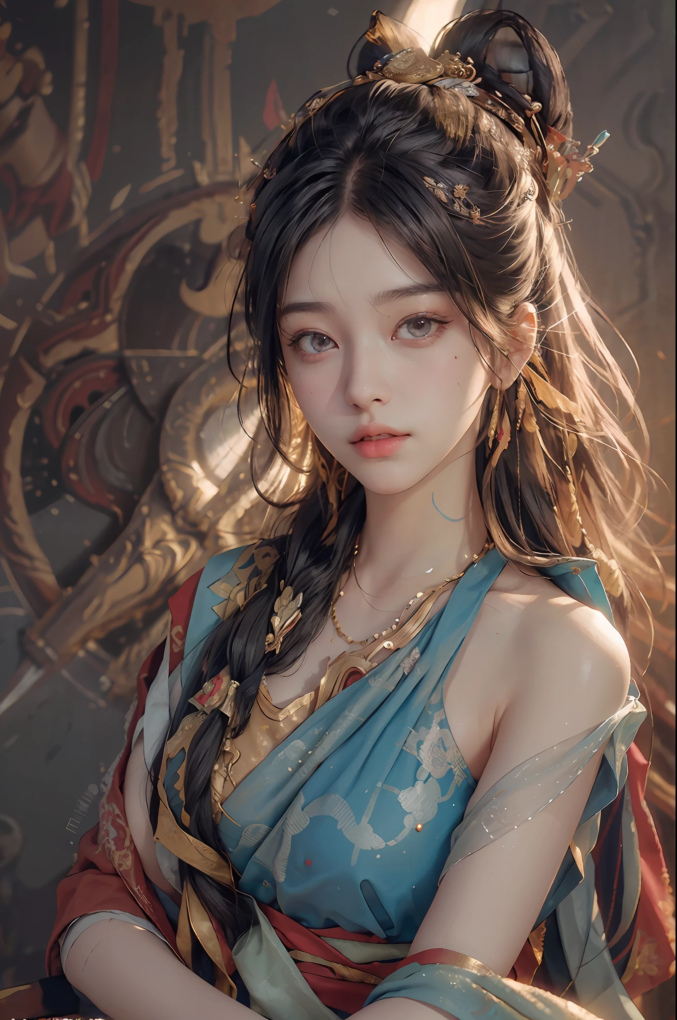(RAW photo, best quality), (realistic, photo-realistic:1.3),best quality,highly detailed,masterpiece,ultra-detailed,illustration,1girl,upper_body,dynamic angle,world masterpiece theater,messy_long_hair,best quality,extremely detailed CG unity 8k wallpaper,ink,Amazing,cinematic lighting,lens_flare, dunhuang_style