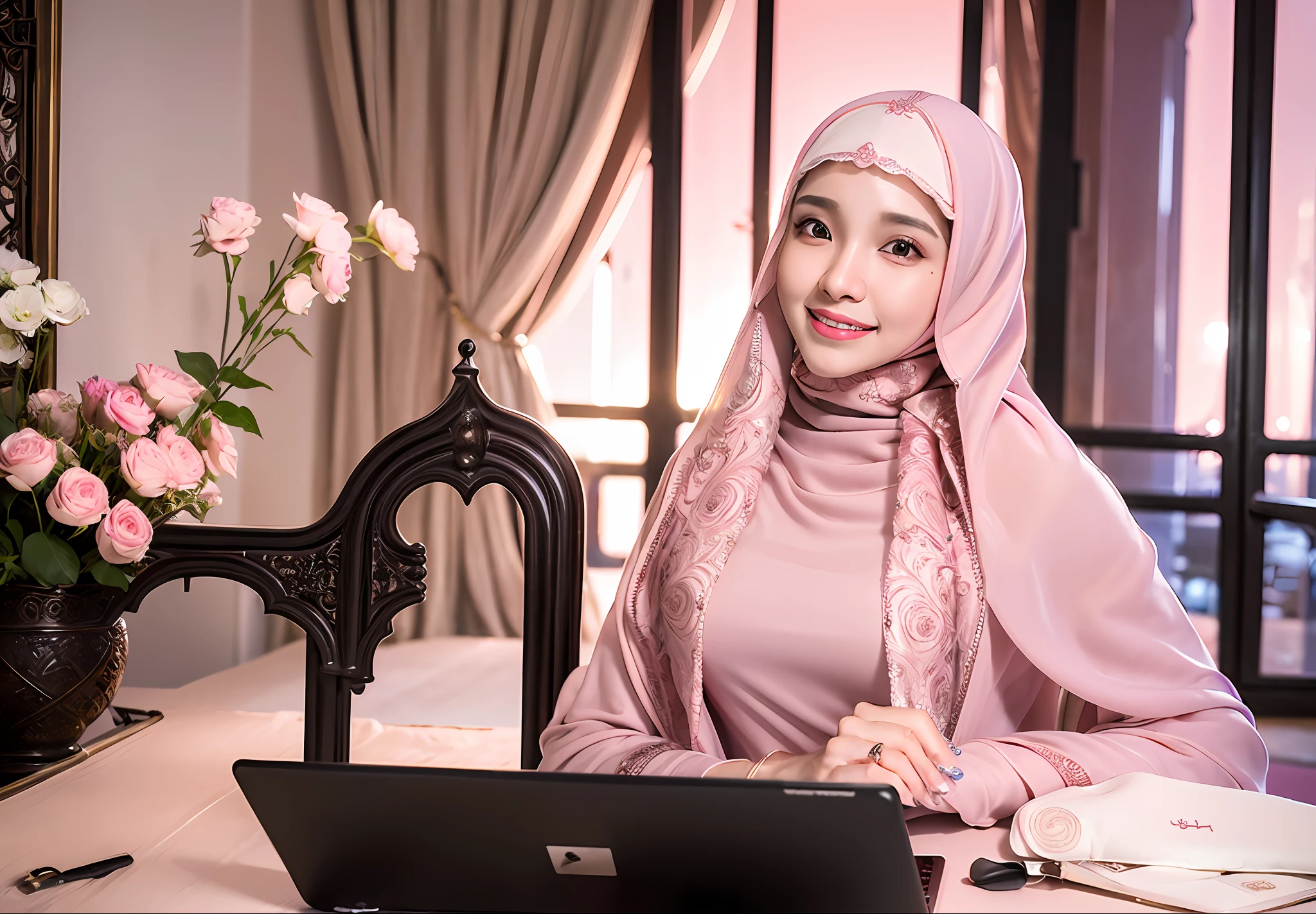 (masterpiece), best quality, (highly detailed, professional photography, beautiful girl), detailed eyes, detailed face, detailed lips, (smile:1.2),
(((Hijab))), (Long hijab, close hijab:1.5),
((pink Long shirt, Long sleeve, long skirt)), ((Laptop on table))