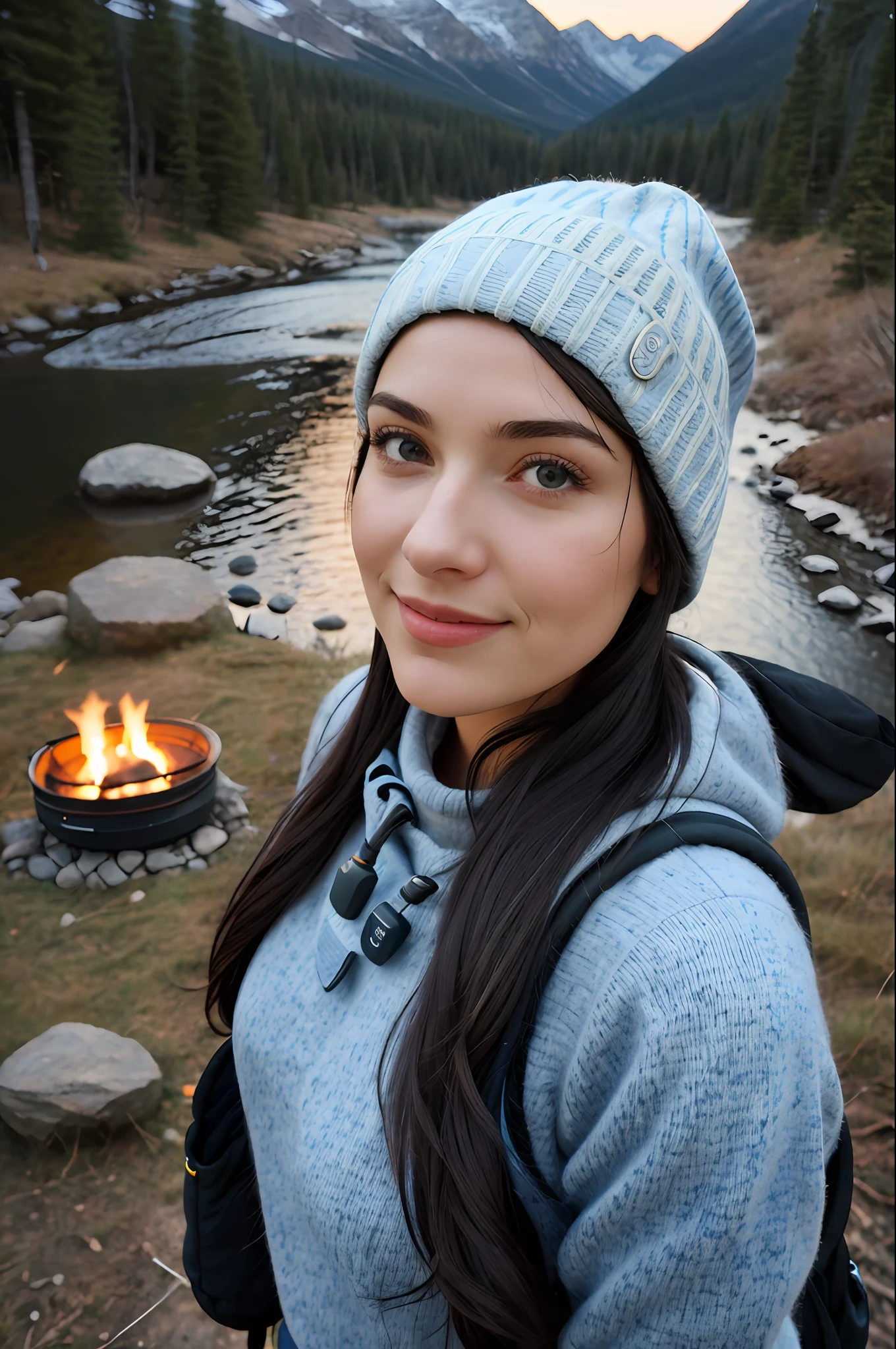 1 woman blue eyes black hair ((upper body selfie, happy)), masterpiece, best quality, ultra-detailed, solo, outdoor, (night), mountains, nature, (stars, moon) cheerful, happy, backpack, sleeping bag, camping stove, water bottle, mountain boots, gloves, sweater, hat, lantern, forest, stones, river, wood, smoke, shadows, contrast, clear sky, style, (warm hue, warm tone)