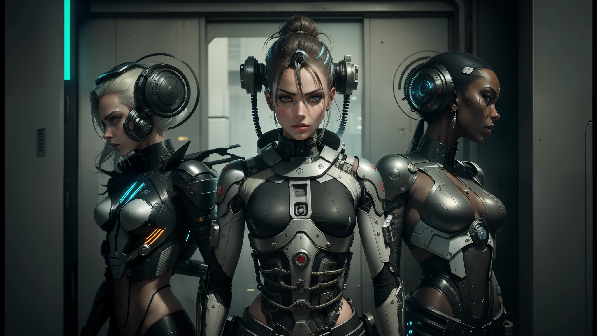 three women in futuristic costumes stand in a doorway, stefan gesell, cyberpunk women, dieselpunk cyborgs, beautiful female cyborg, yasuke 5 0 0 px models, biomechanical garment, angry female cyborg, beautiful cyborg woman, perfect cyborg female, beautiful alluring female cyborg, cyborg fashion shot, biomechanical dress, female cyborg, cyborg fashion model --auto --s2